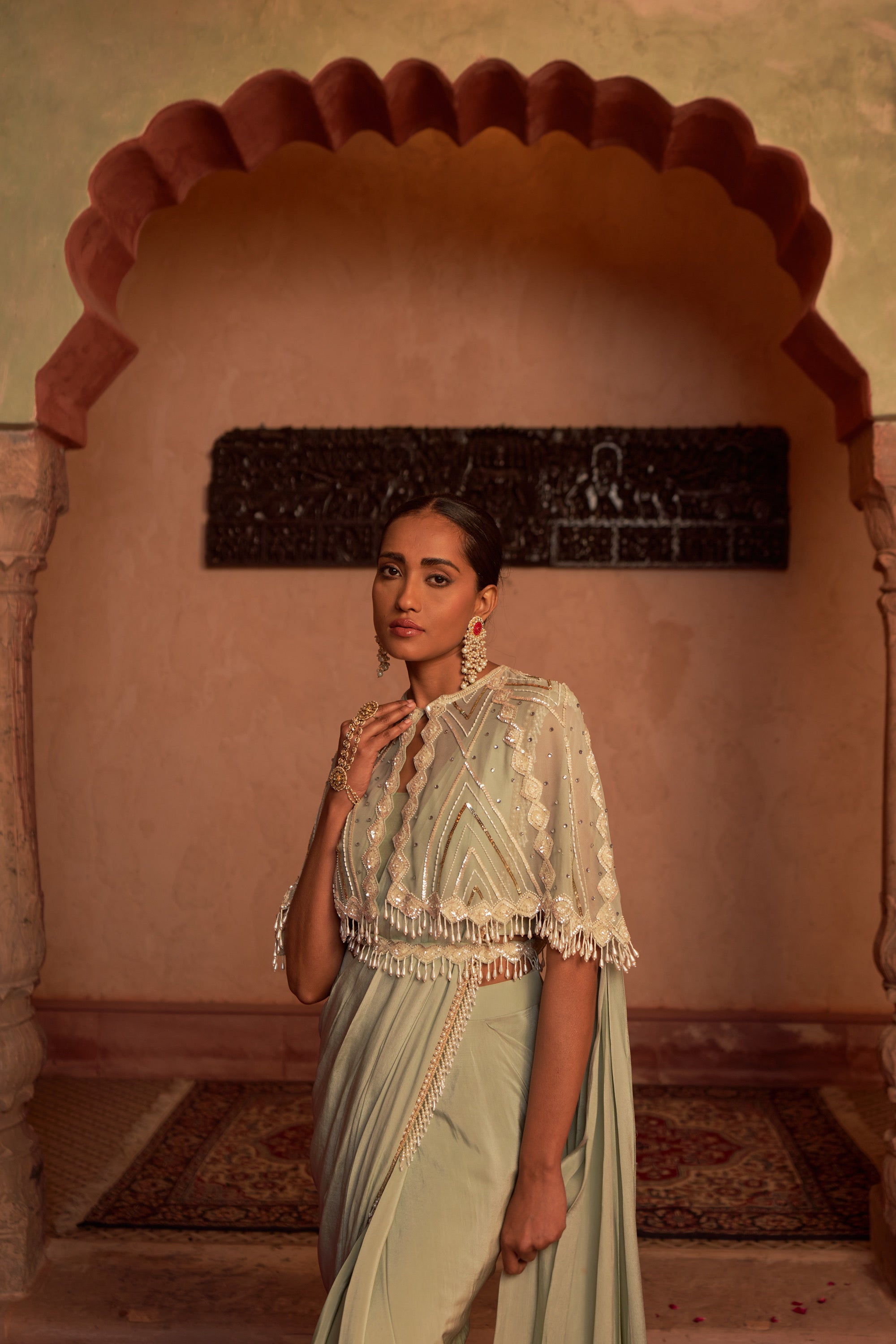 Bahu Mela Drape Saree With Embroidered Cape With Belt