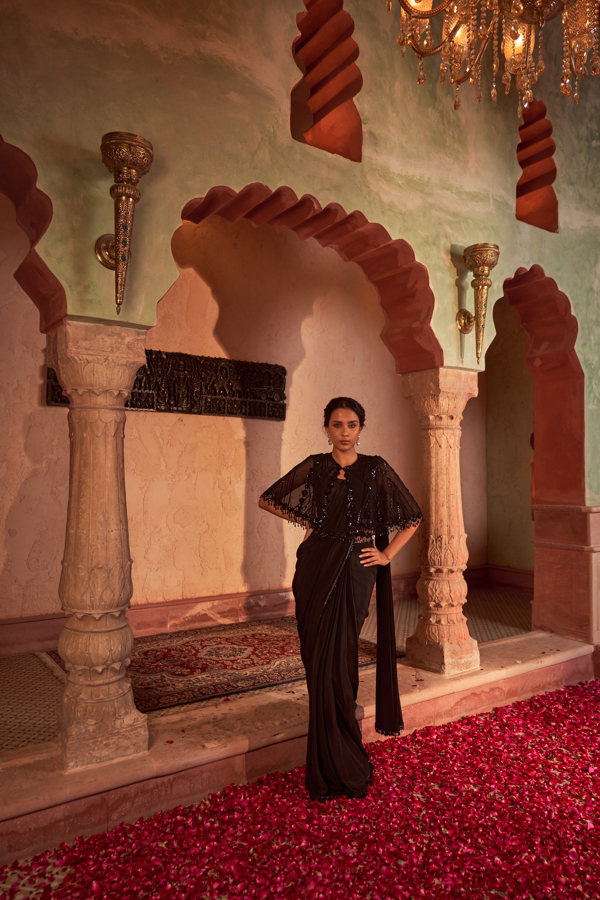 Bahu Mela Drape Saree With Embroidered Cape With Belt
