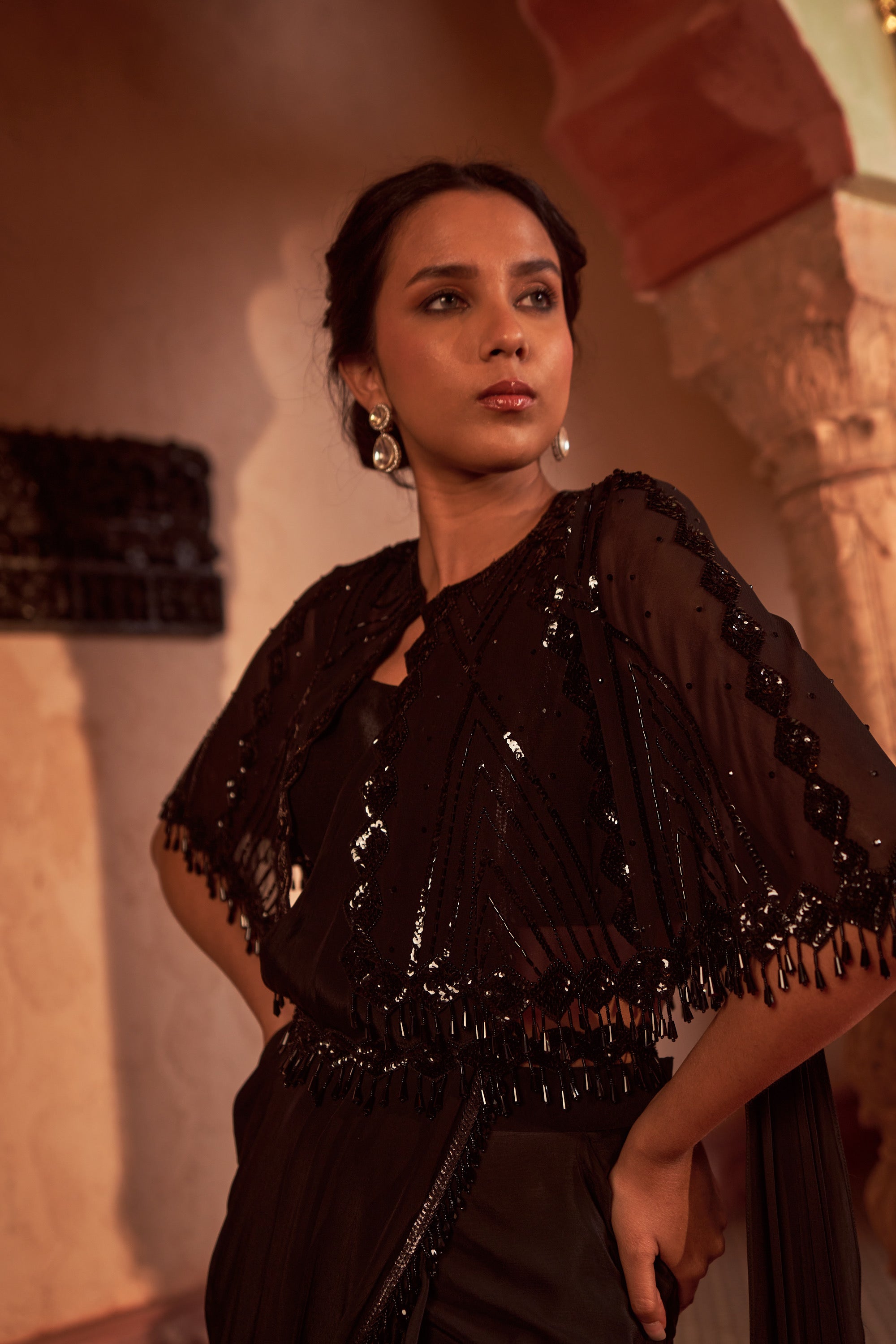 Bahu Mela Drape Saree With Embroidered Cape With Belt