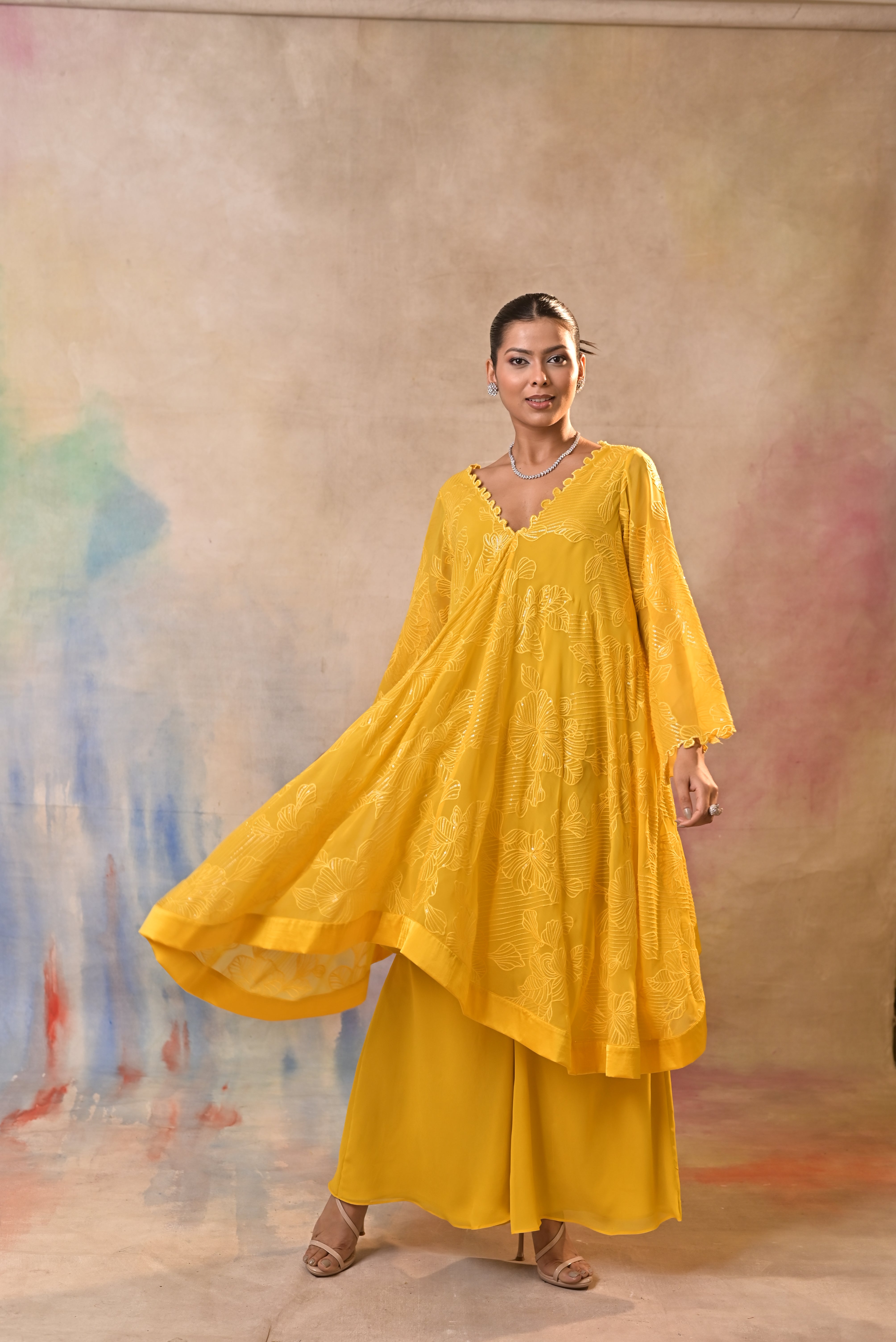 Yellow Indo-Western Embroidered Chinon Jumpsuit main image 1
