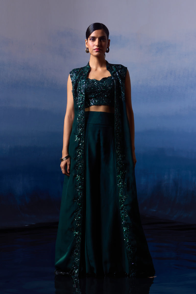 Forest Green Organza Jacket Set