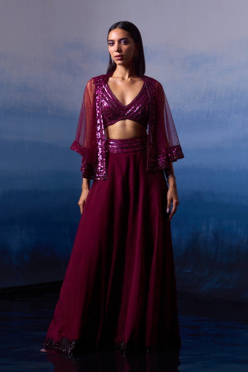 Wine Organza Cape Set