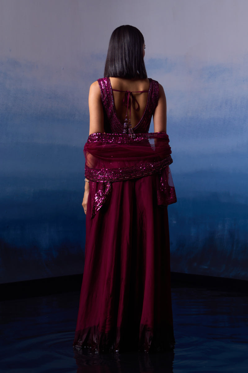 Wine Organza Cape Set
