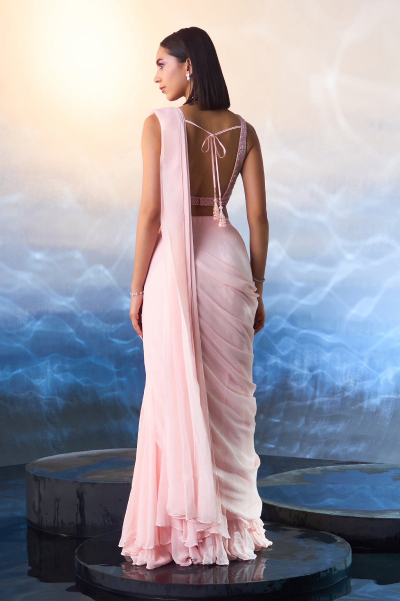 Powder Pink Georgette Drape Saree