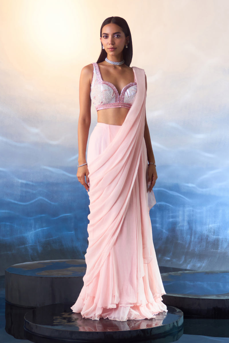 Powder Pink Georgette Drape Saree
