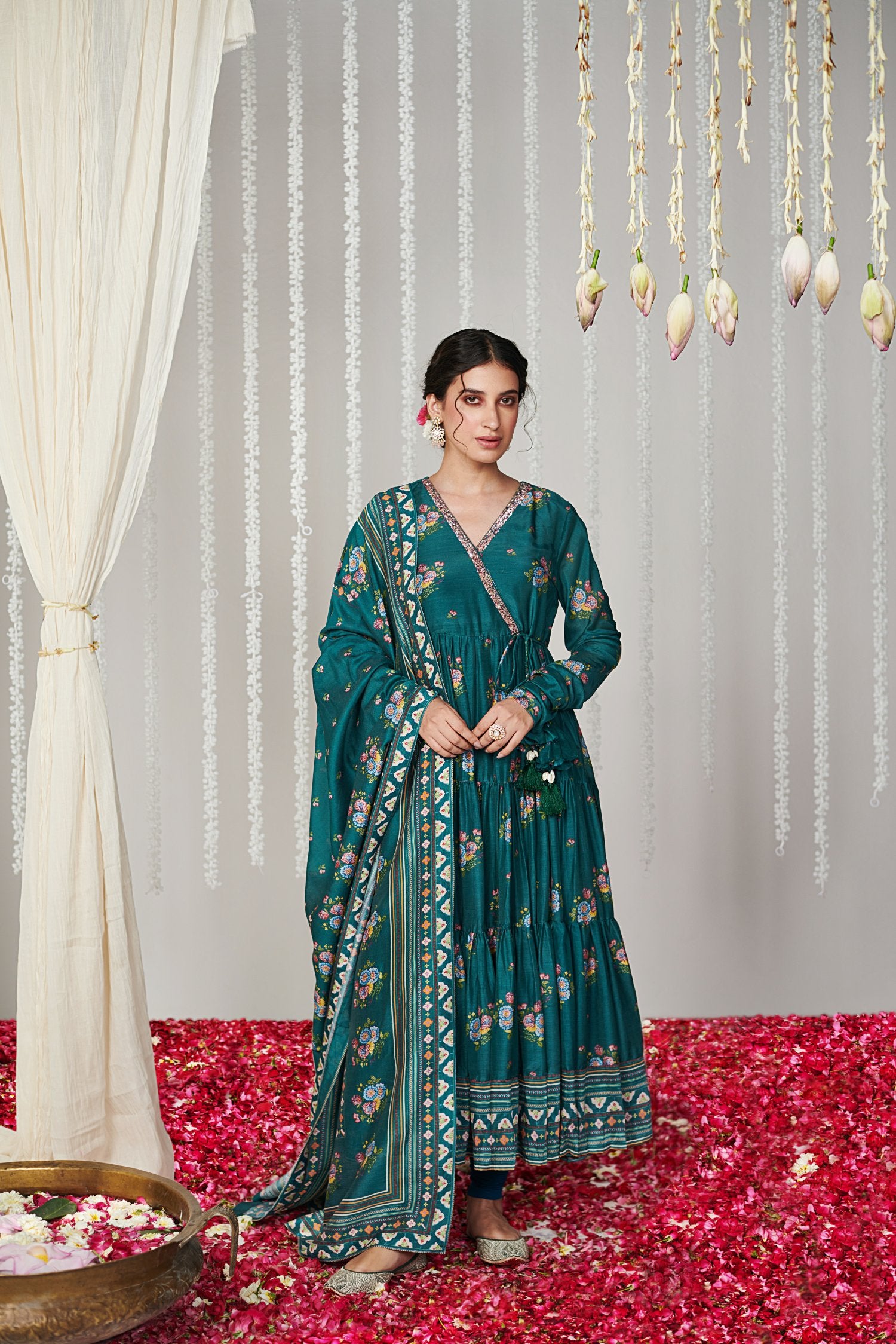 Bagicha botanical green Angrakha Anarkali set of 3