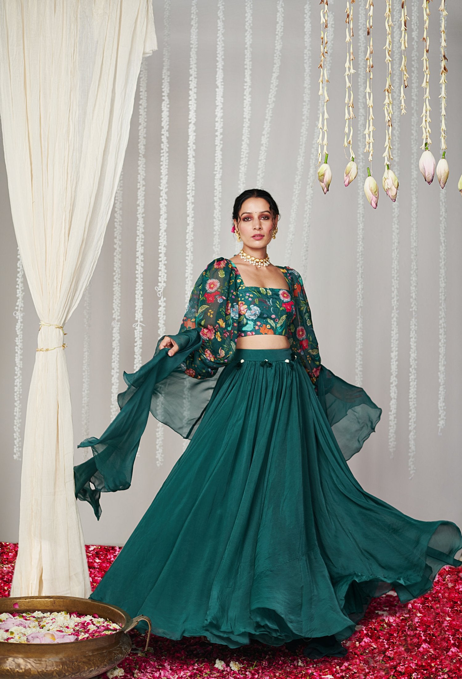 Bagicha botanical green solid lehenga set of 3