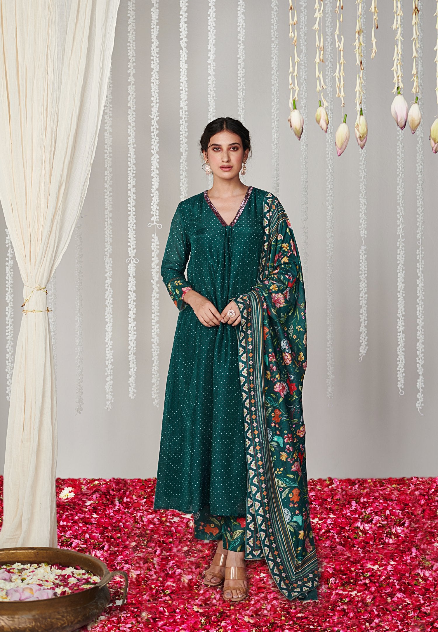 Bagicha botanical Green A-Line Kurta (no slits) set of 3