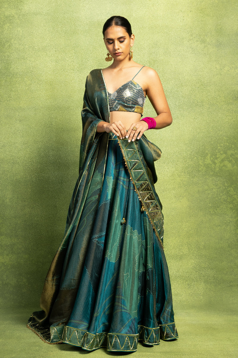 Green Abstract Floral Print Lehenga Set
