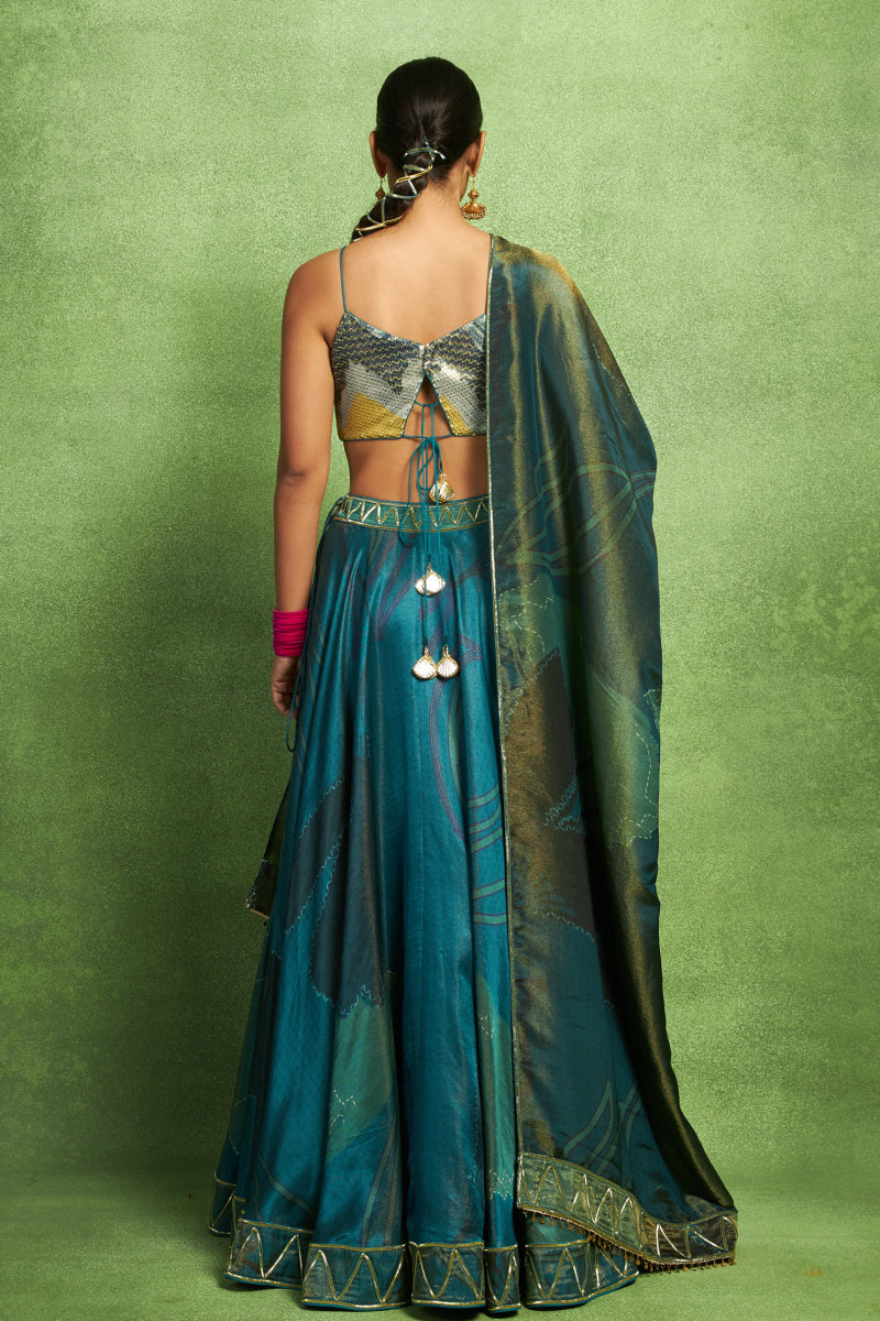 Green Abstract Floral Print Lehenga Set