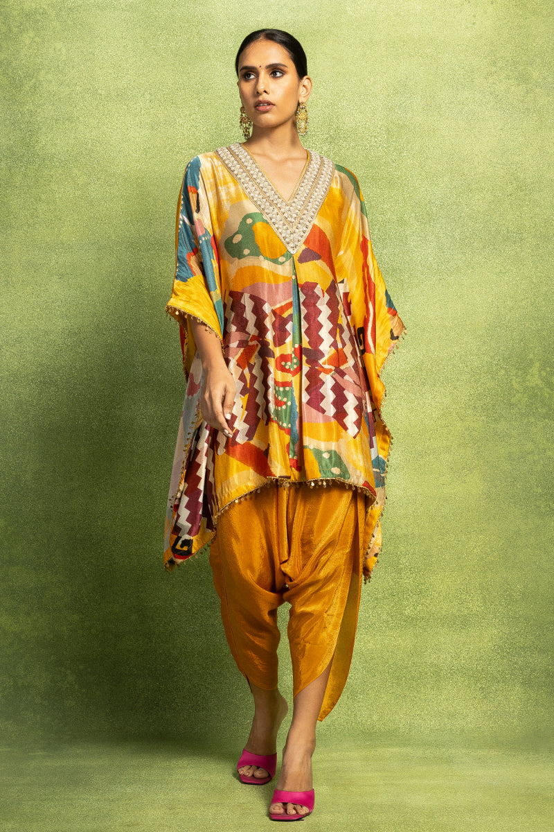 Yellow Hand Embroidered Kaftan Top & Dhoti Pant Set