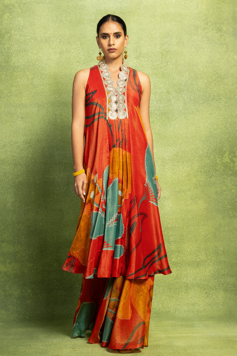 Red Abstract Floral Print Kurta Set