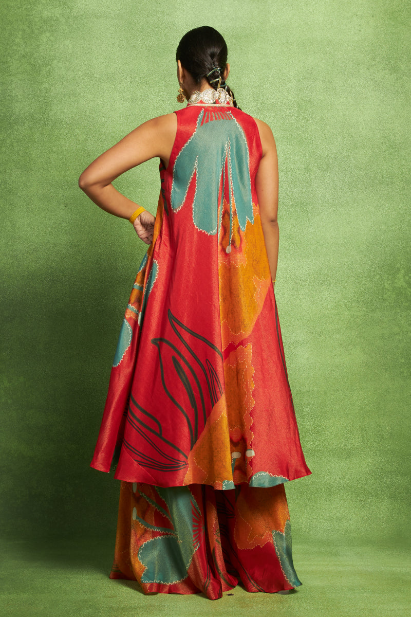 Red Abstract Floral Print Kurta Set
