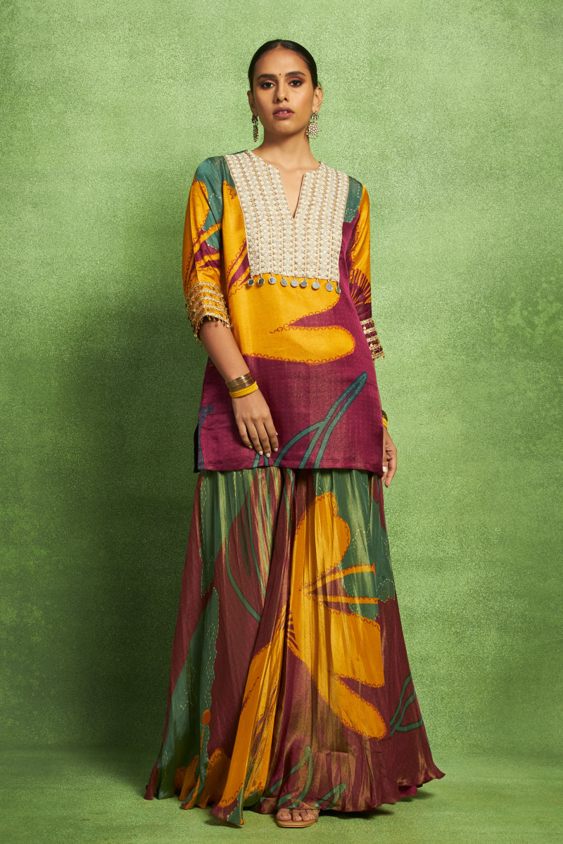Purple Abstract Floral Print Short Kurta Set