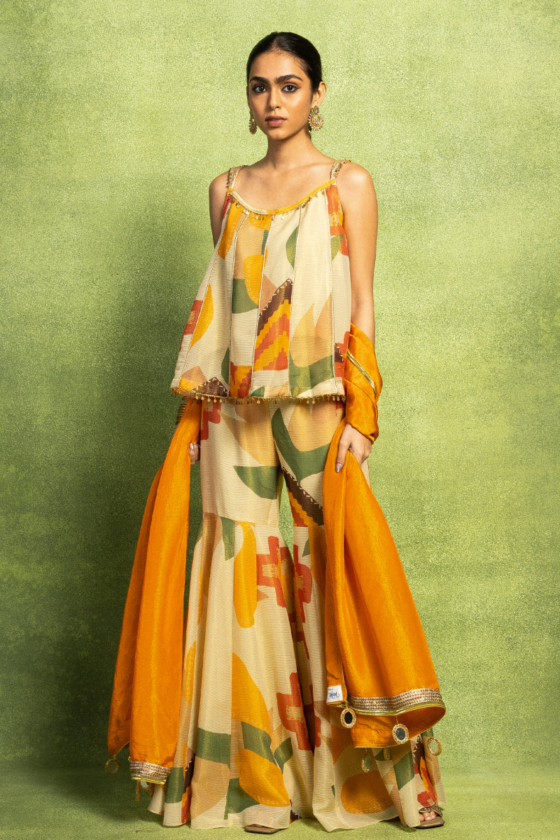 Abstract Floral Printed Paneled Top Set