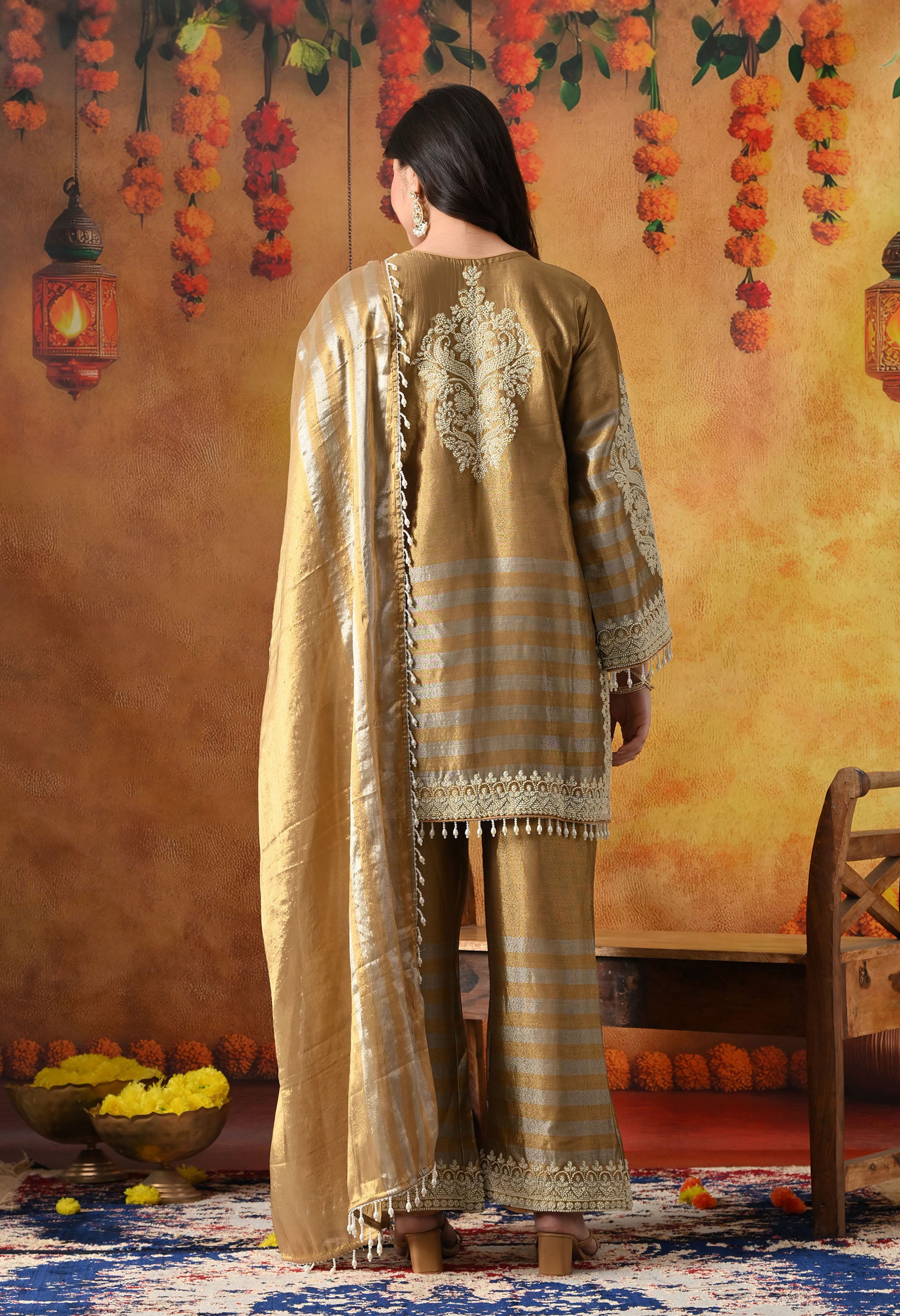 Elegant Golden Kurta Set In Tissue Silk