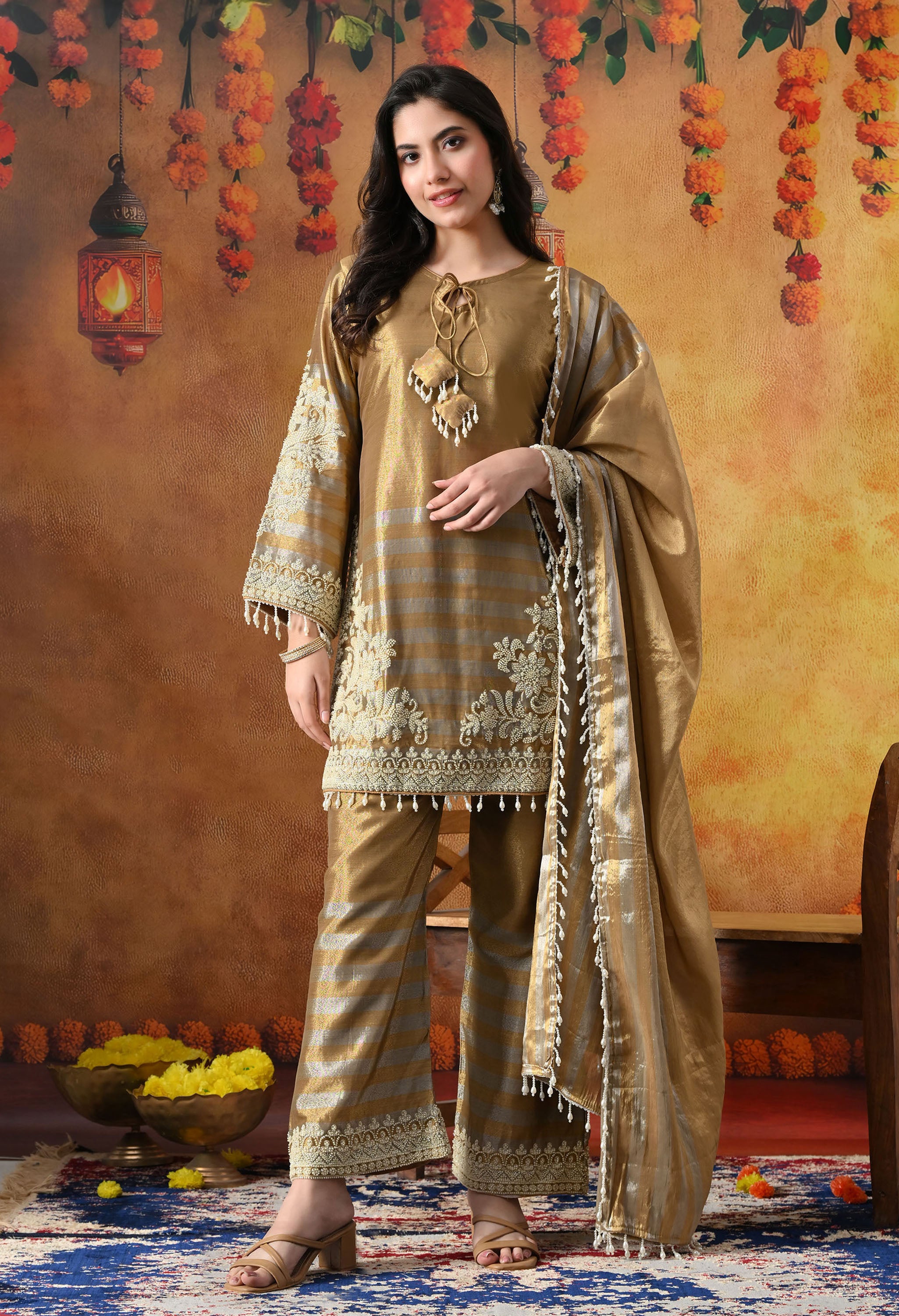 Elegant Golden Kurta Set In Tissue Silk