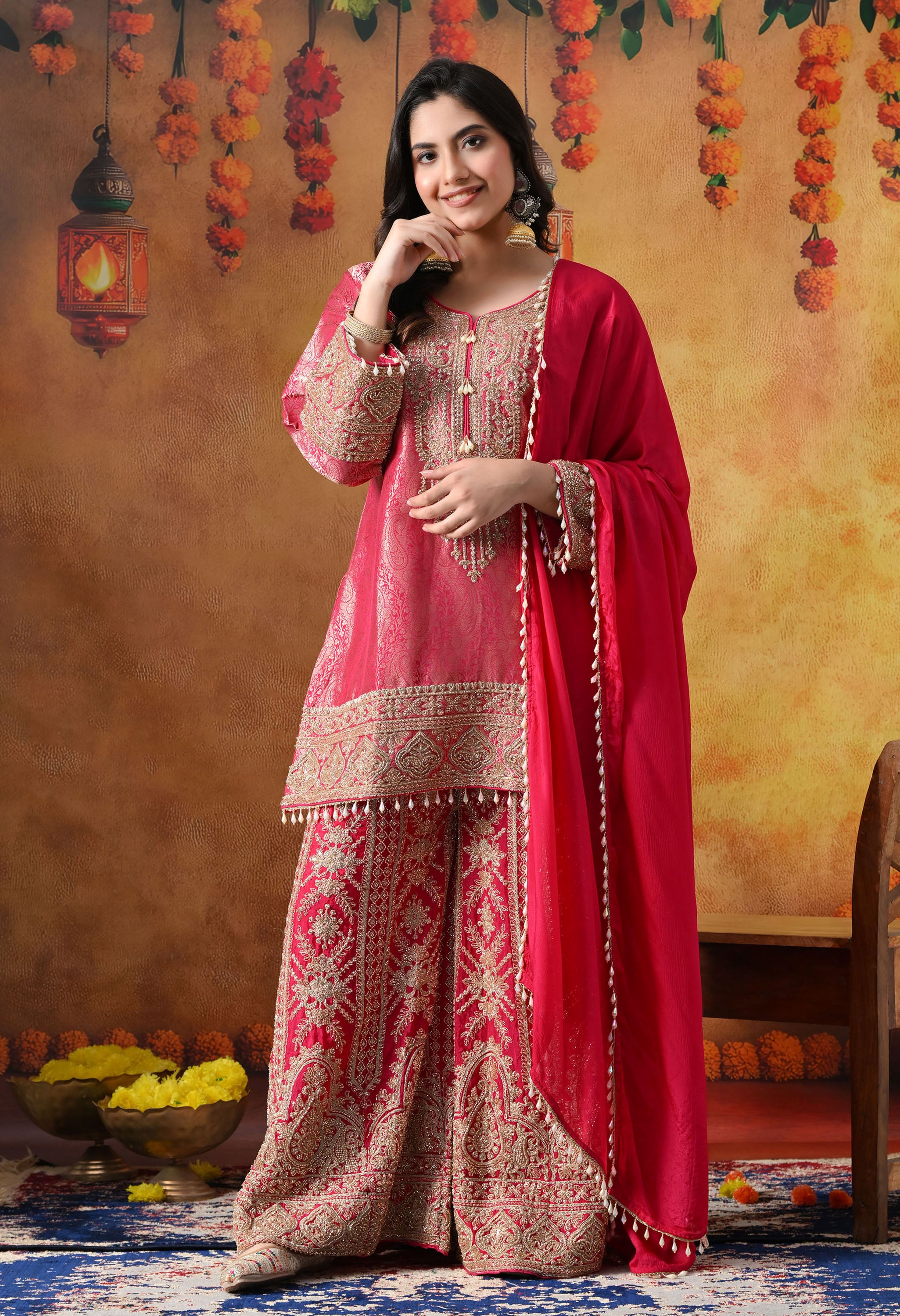 Hot Pink Banarasi Silk Sharara Set