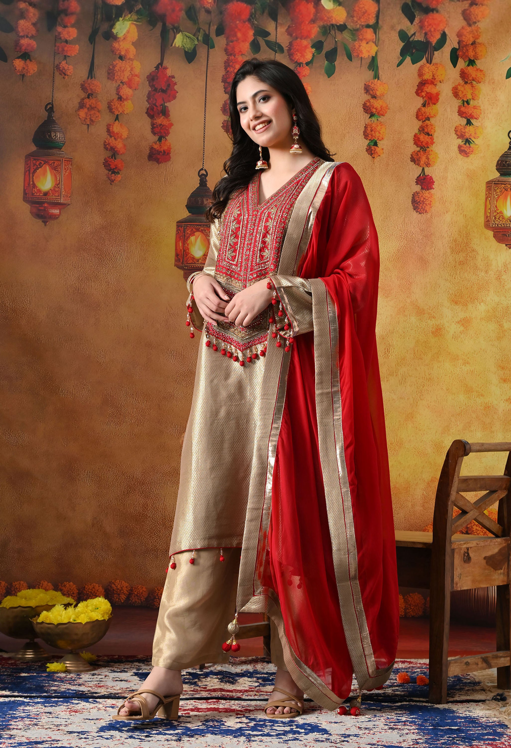 Golden Banarasi Silk Kurta Set