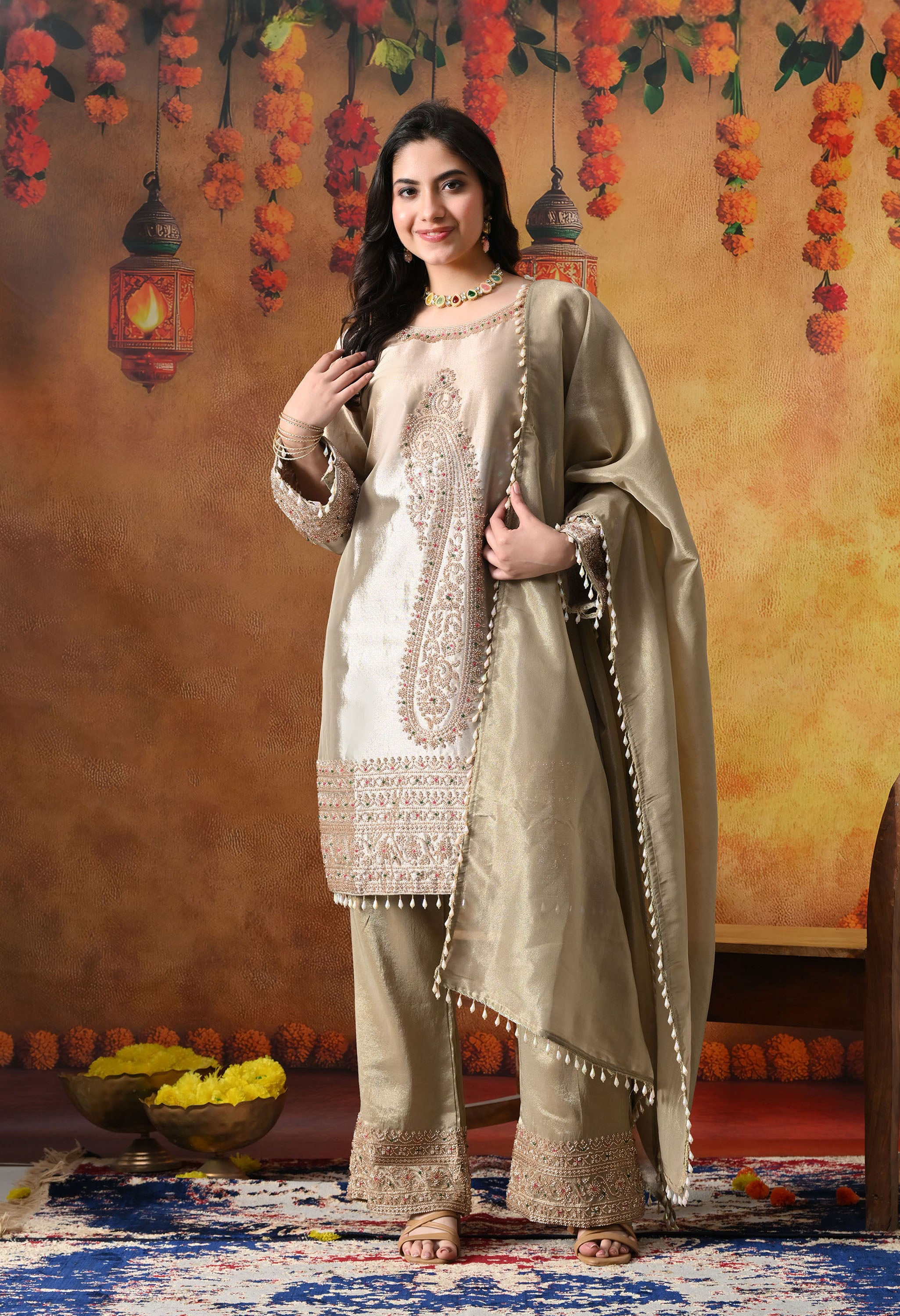 Golden Tissue Silk Kurta Set