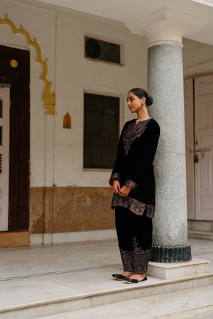 Black Velvet Suit Set with Contrast Pink Dupatta -Inching India