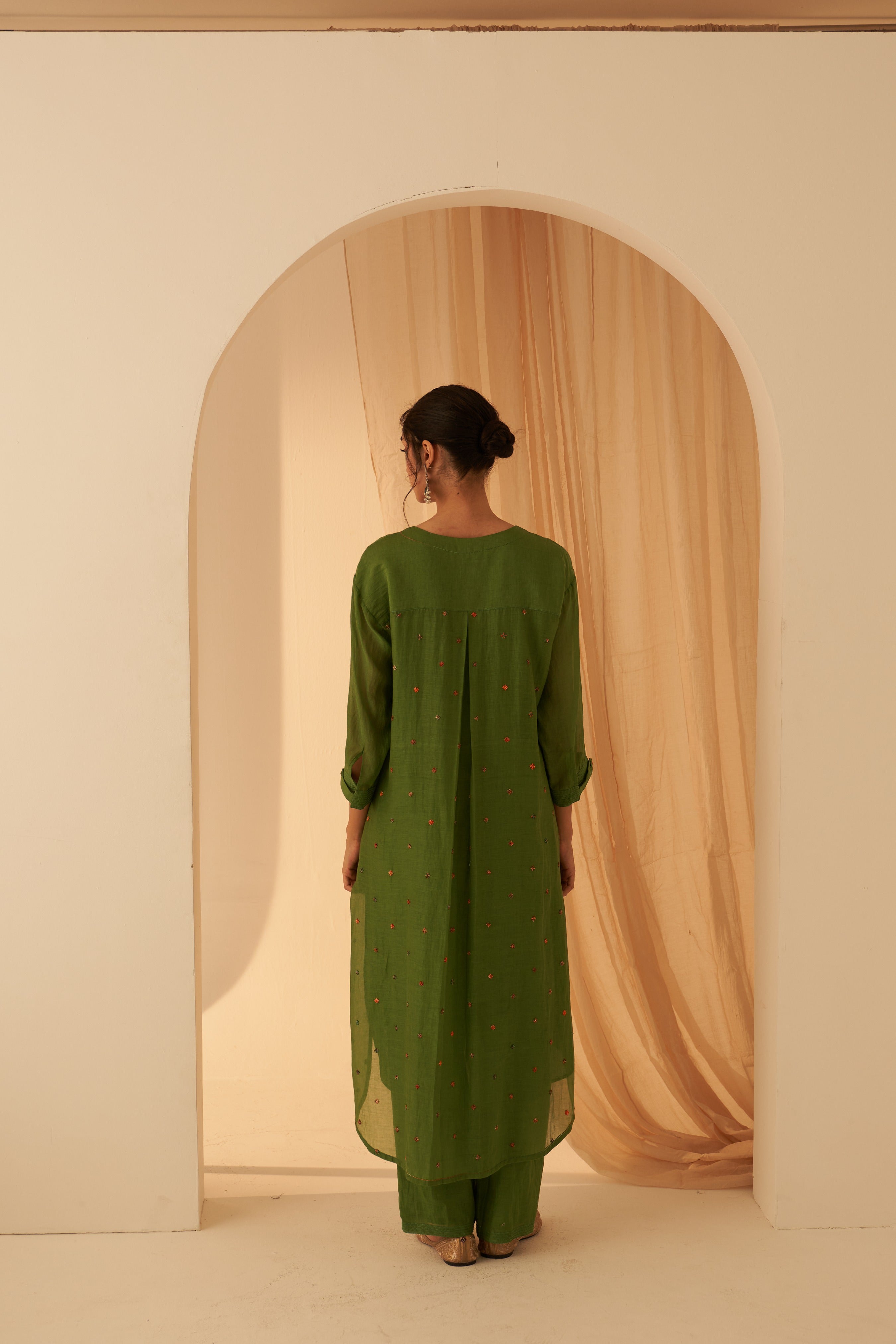 Green Chanderi Cross Taanka Kurta Set
