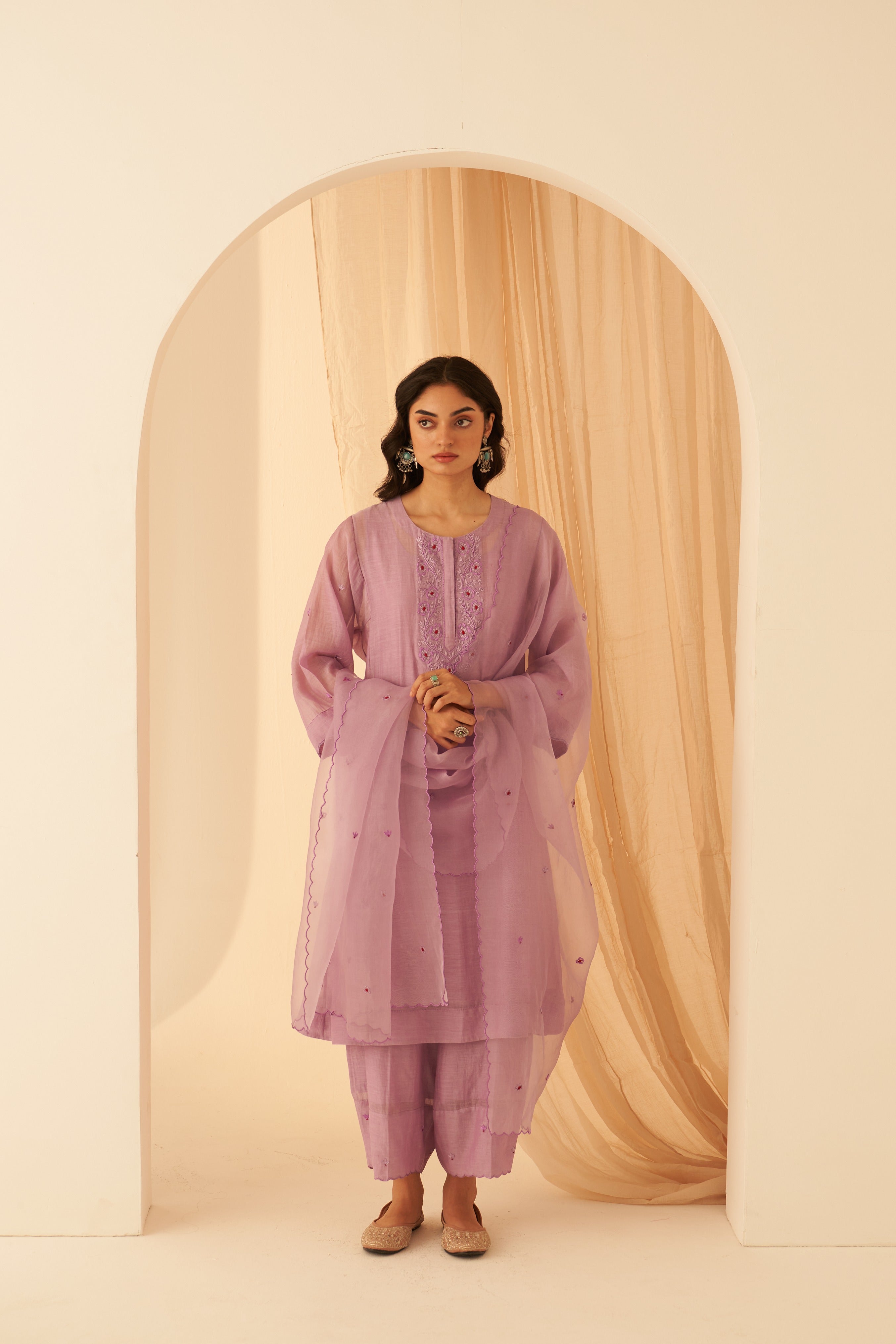 Lilac Chanderi Floral Katha Kurta Set