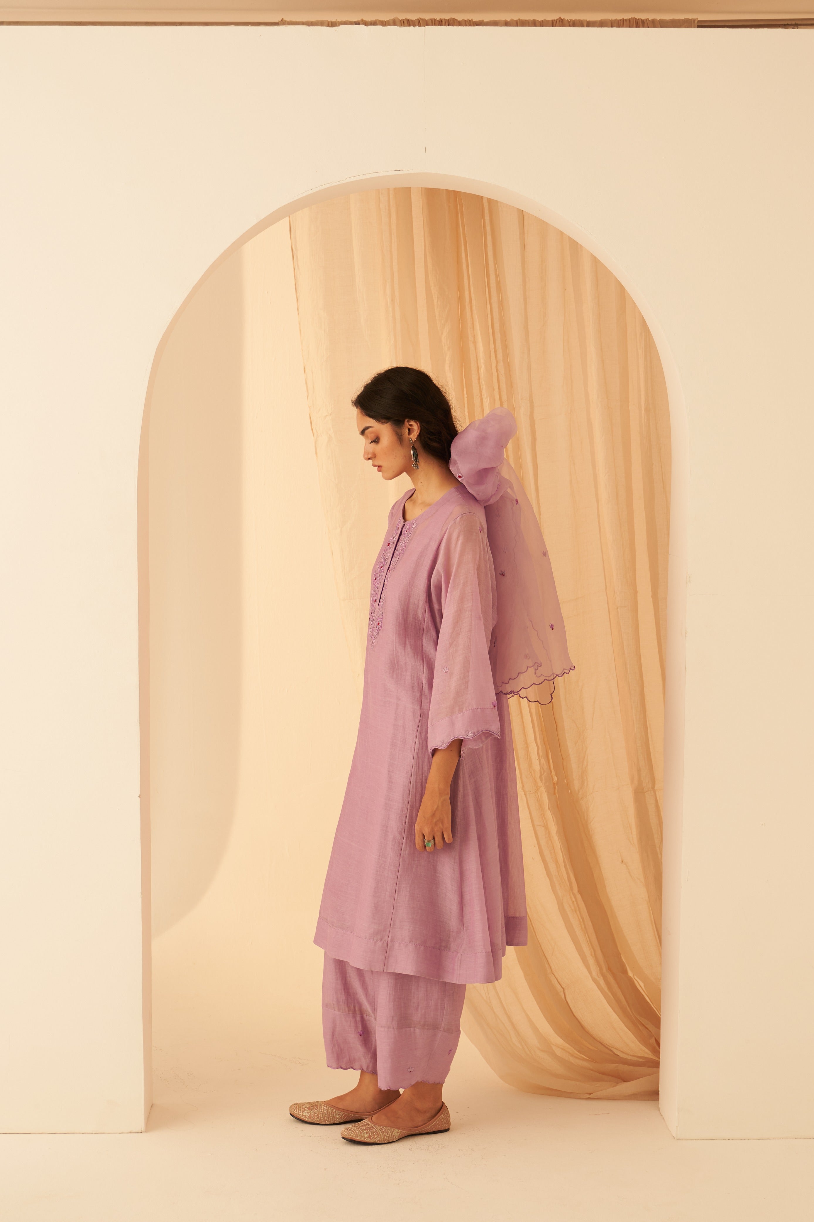 Lilac Chanderi Floral Katha Kurta Set
