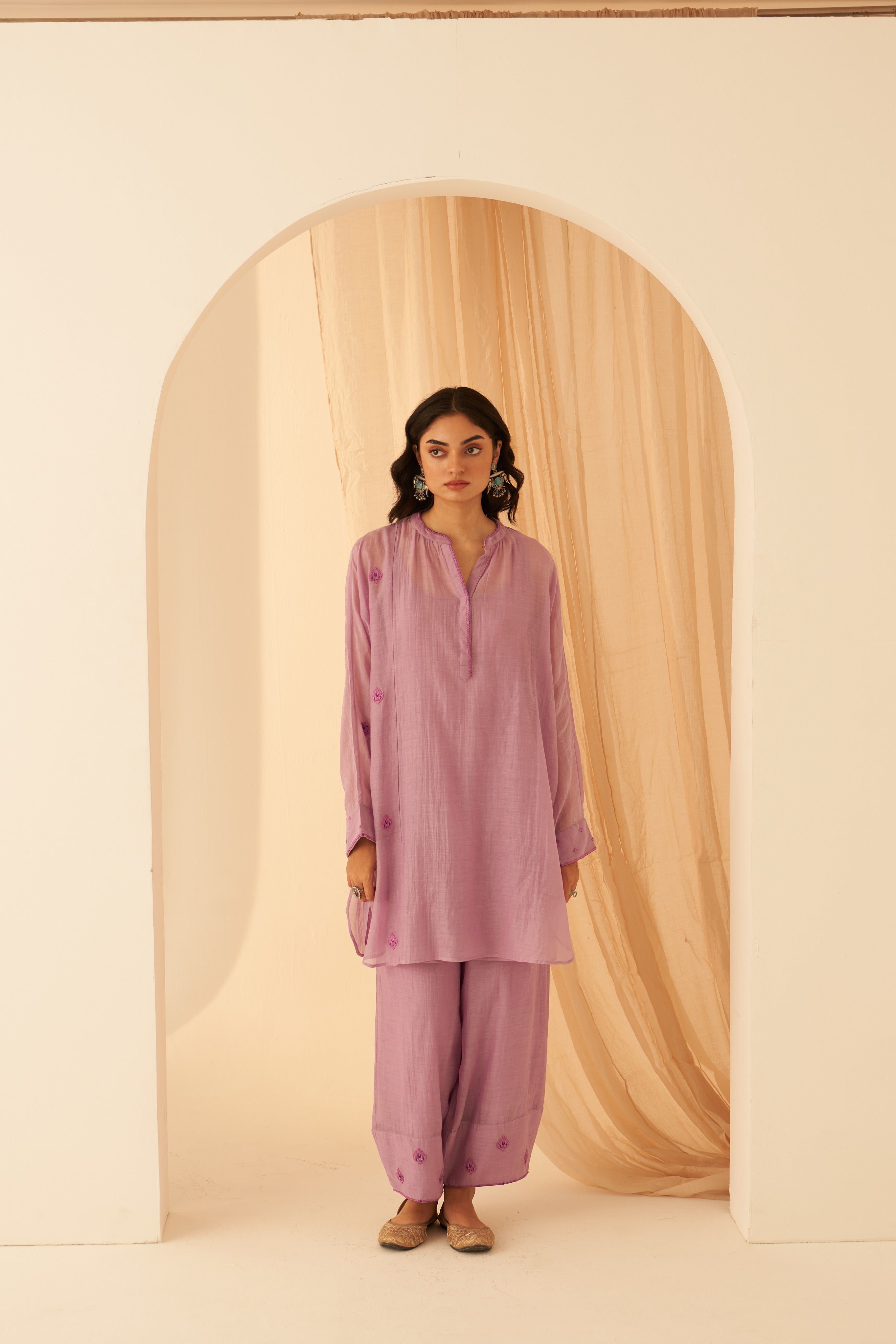 Lilac Chanderi Floral Buta Tunic Set
