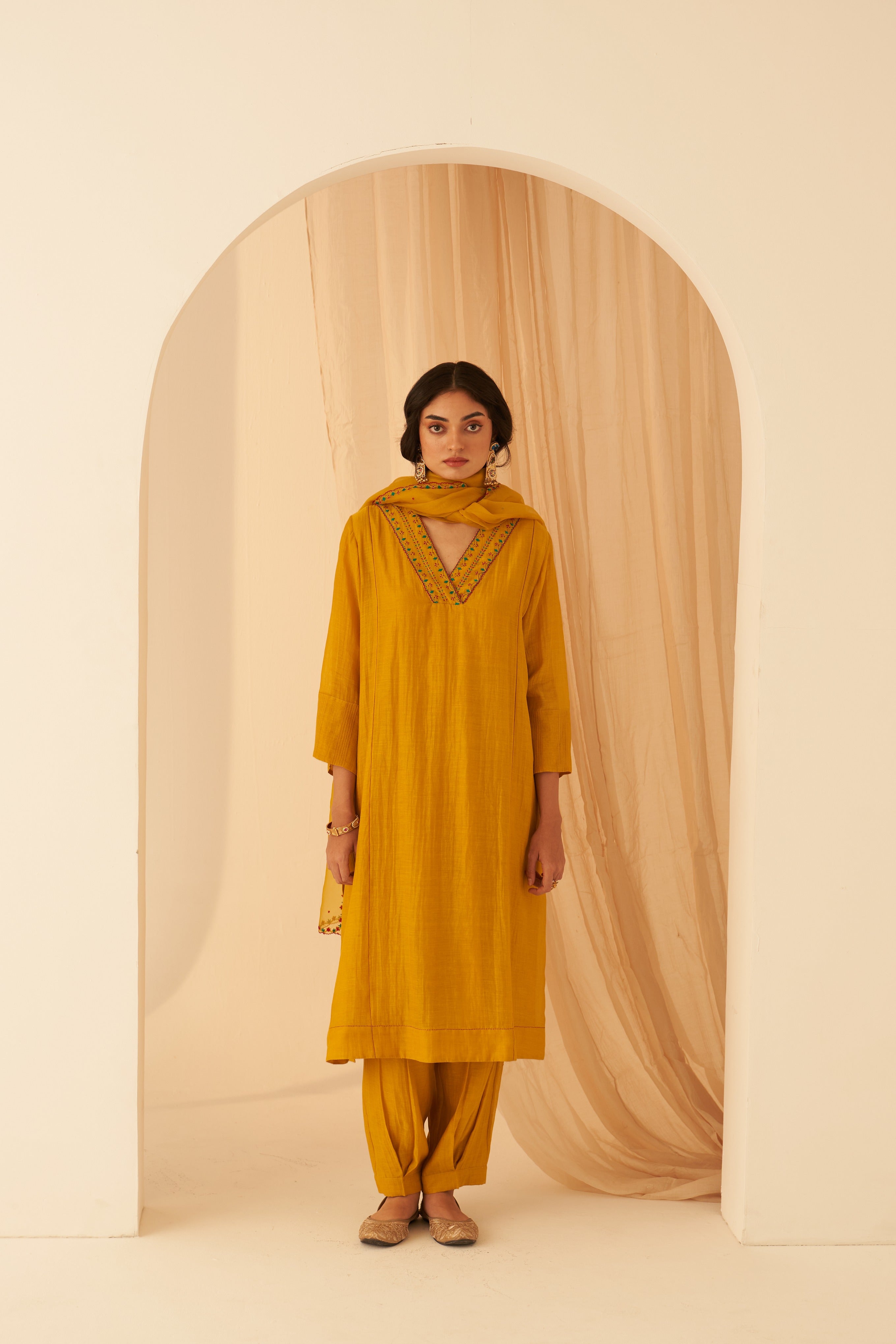 Mustard Chanderi Bullion Work Kurta Set