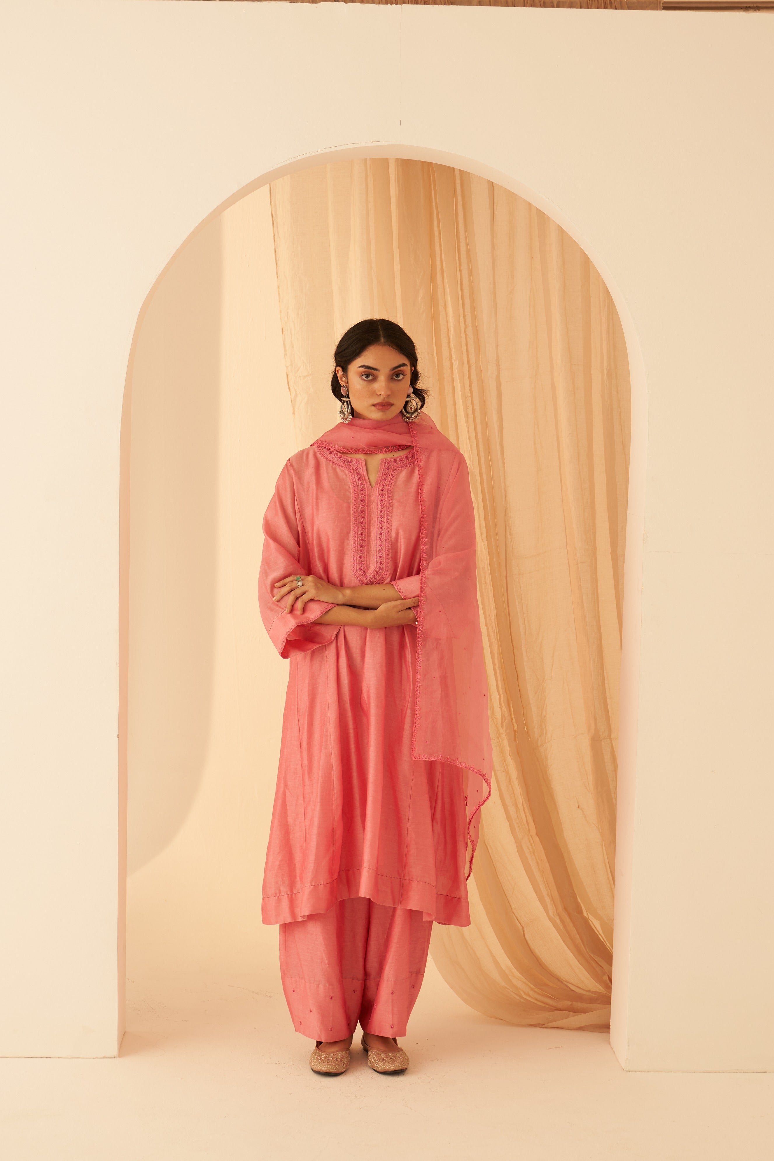 Pink Chanderi Zardozi Work Kurta Set