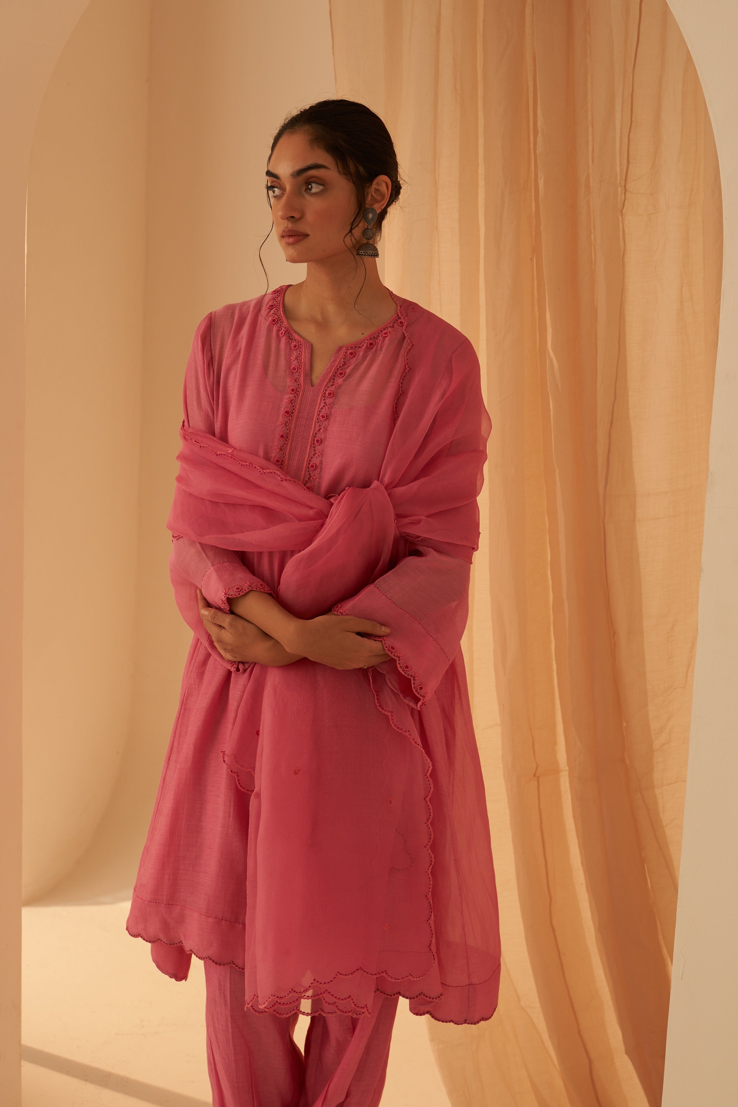 Pink Chanderi Bullion Work Kurta Set