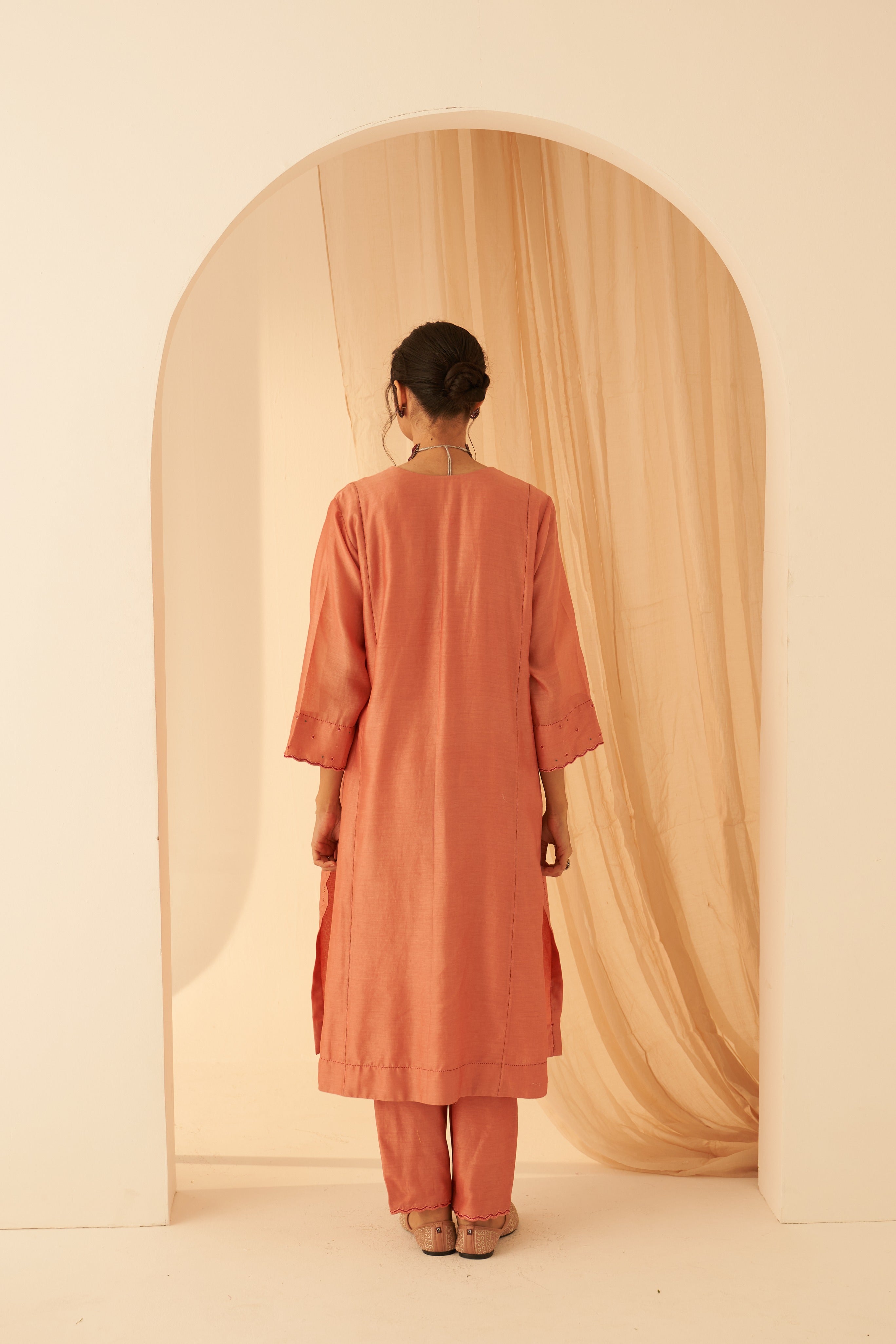 Peach Chanderi Floral Embroidered Kurta Set