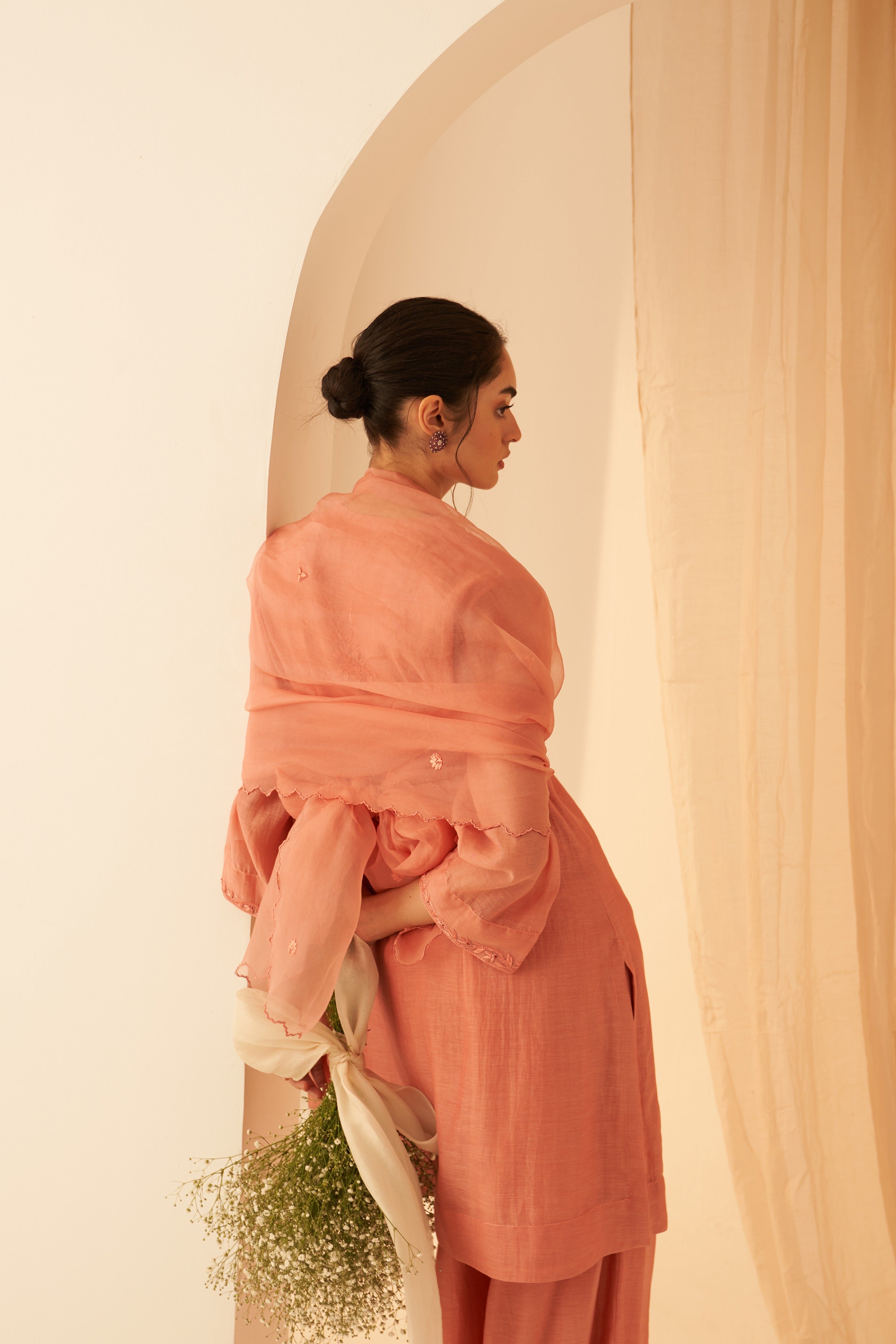 Peach Chanderi Katha Work Kurta Set