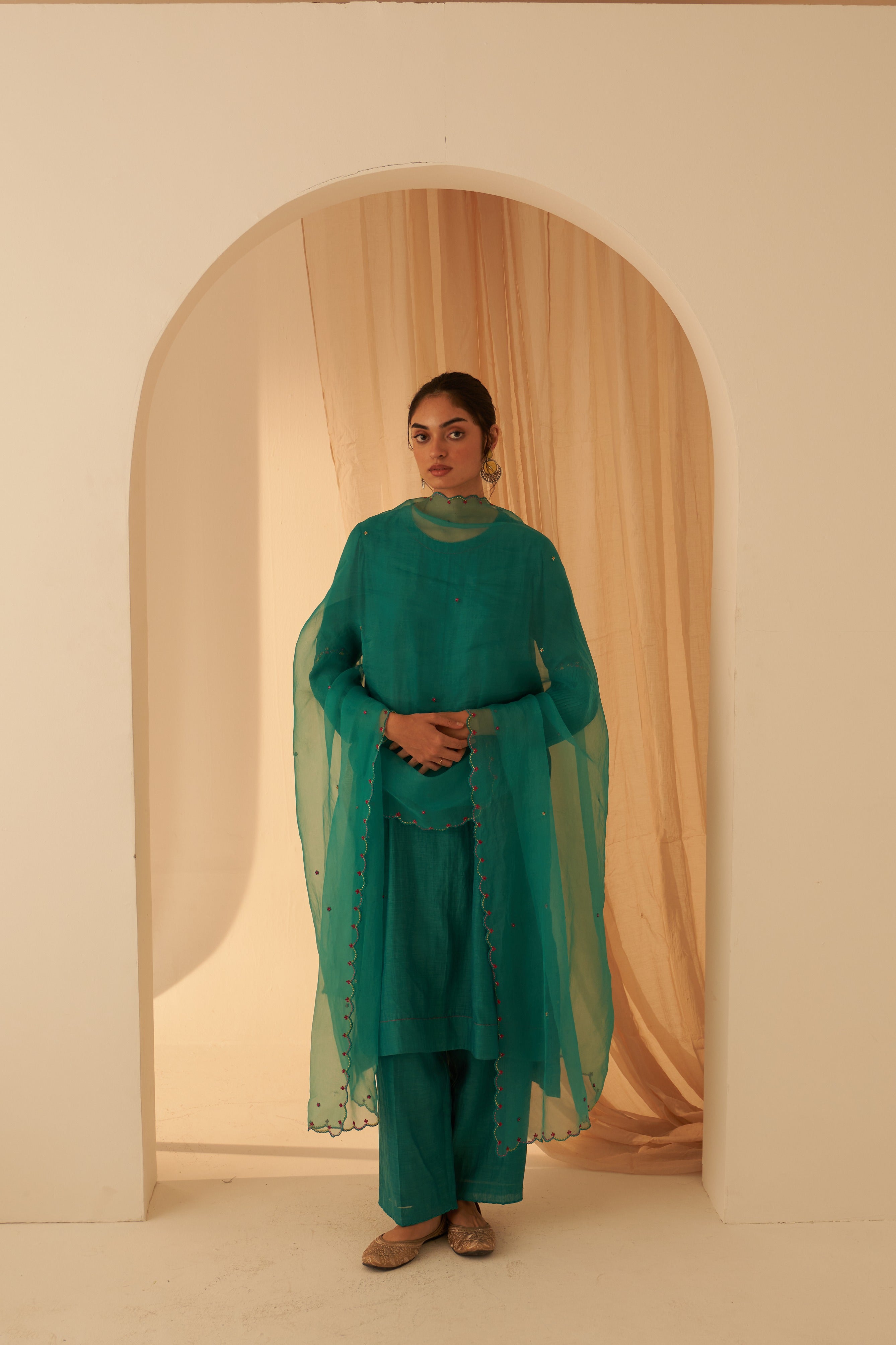 Turquoise Chanderi Pleated Kurta Set
