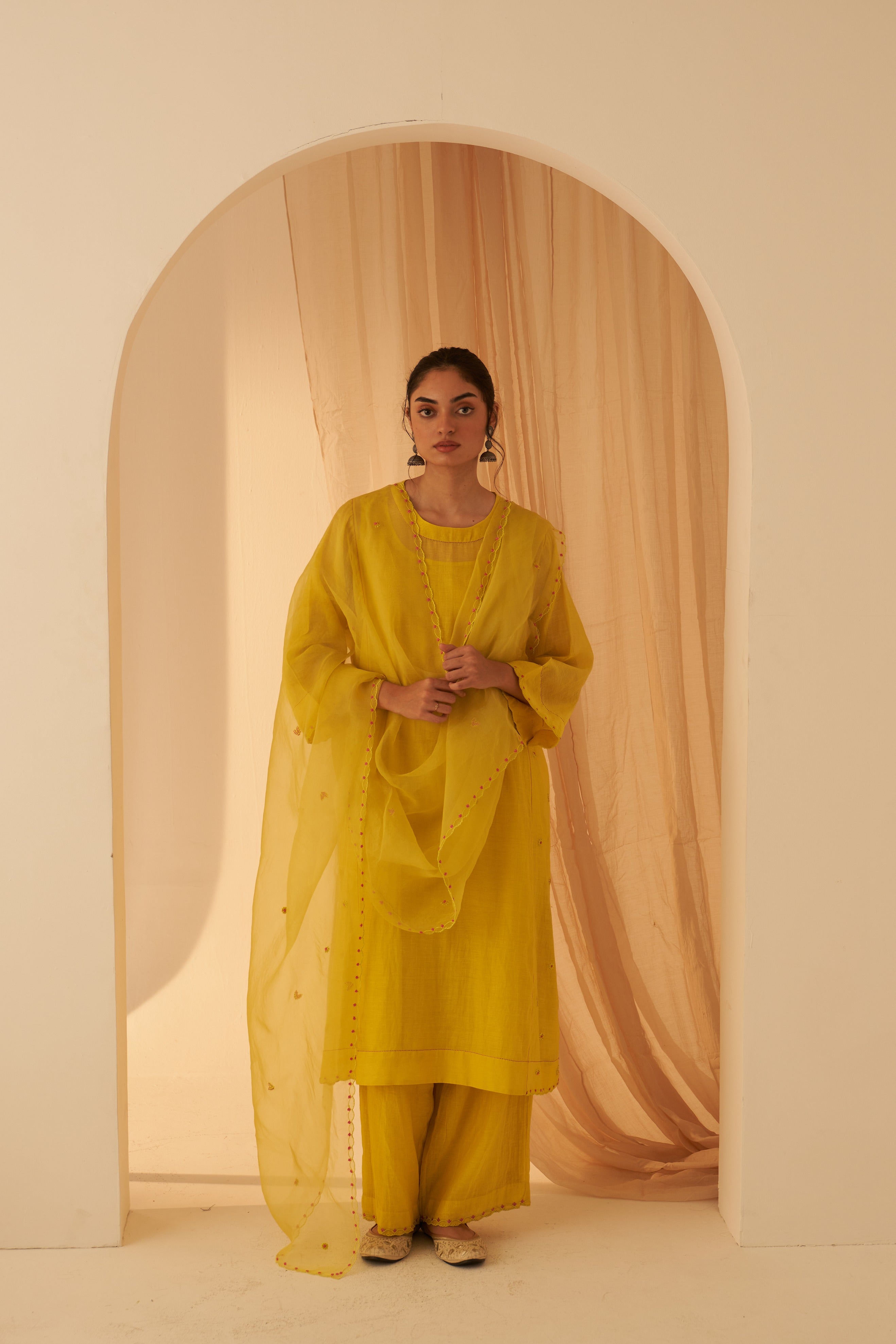 Lime Yellow Chanderi Floral Buti Kurta Set
