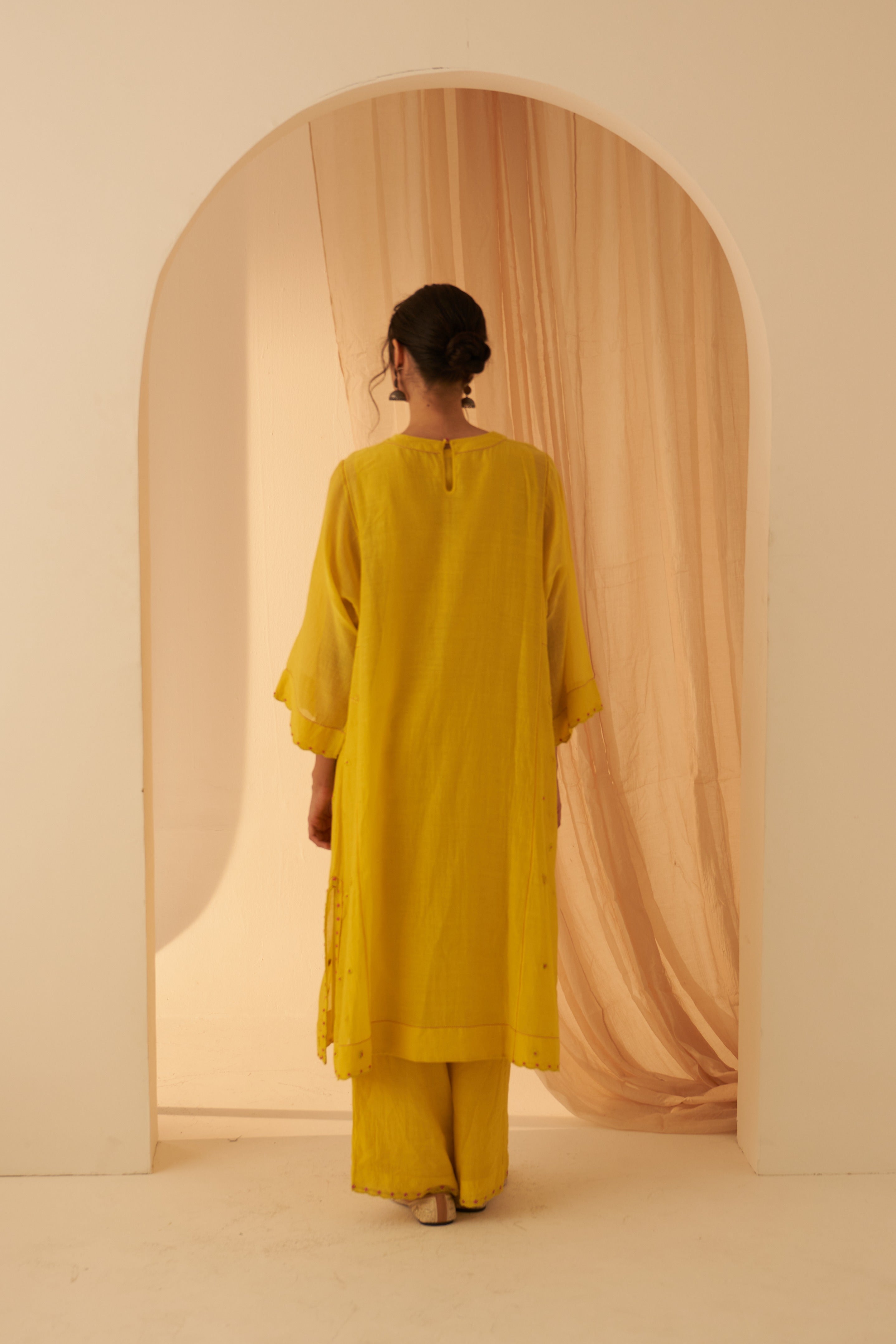 Lime Yellow Chanderi Floral Buti Kurta Set