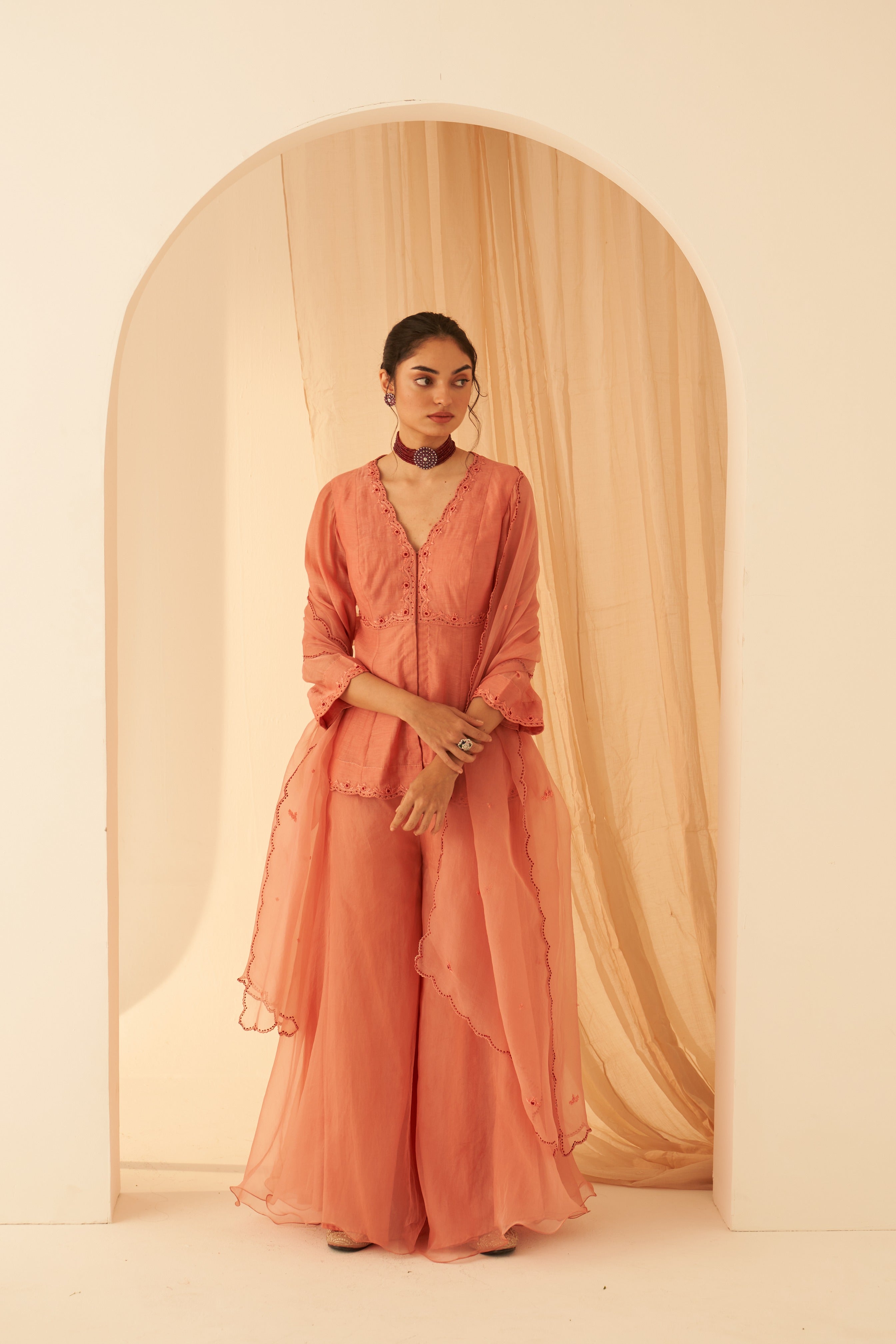Peach Chanderi Peplum Sharara Set