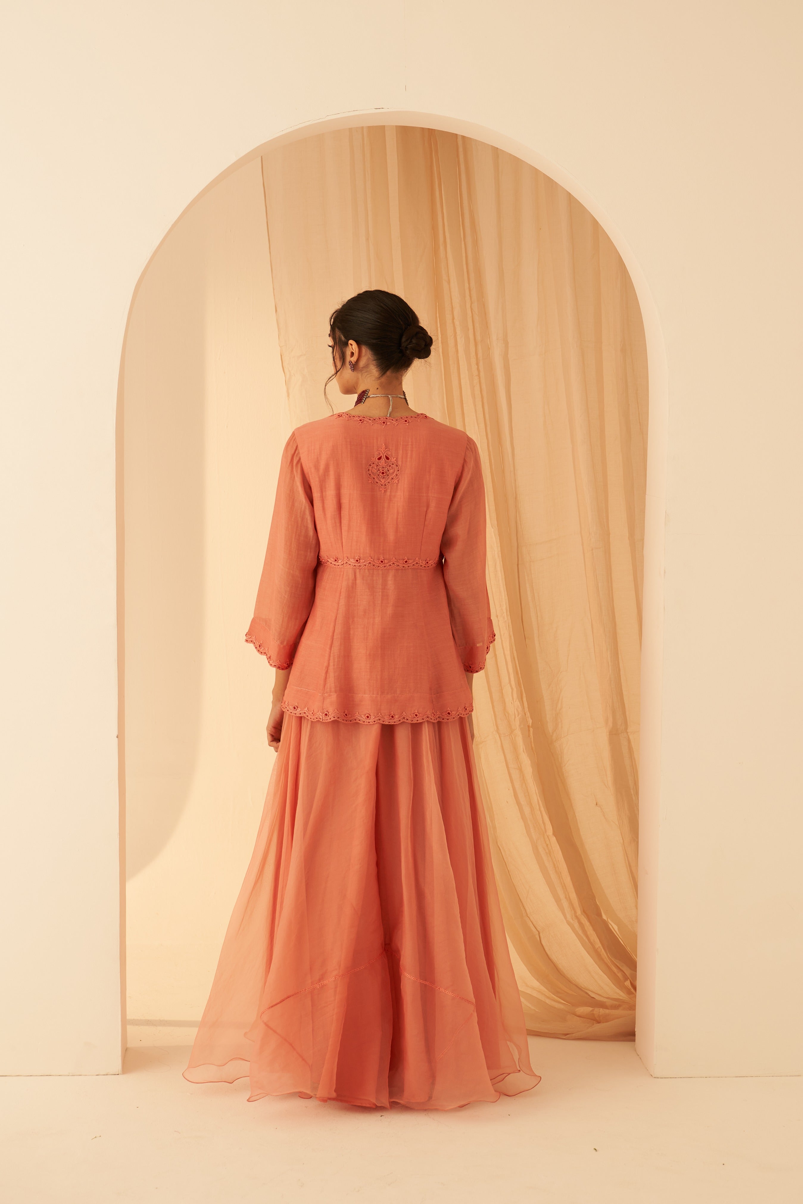 Peach Chanderi Peplum Sharara Set