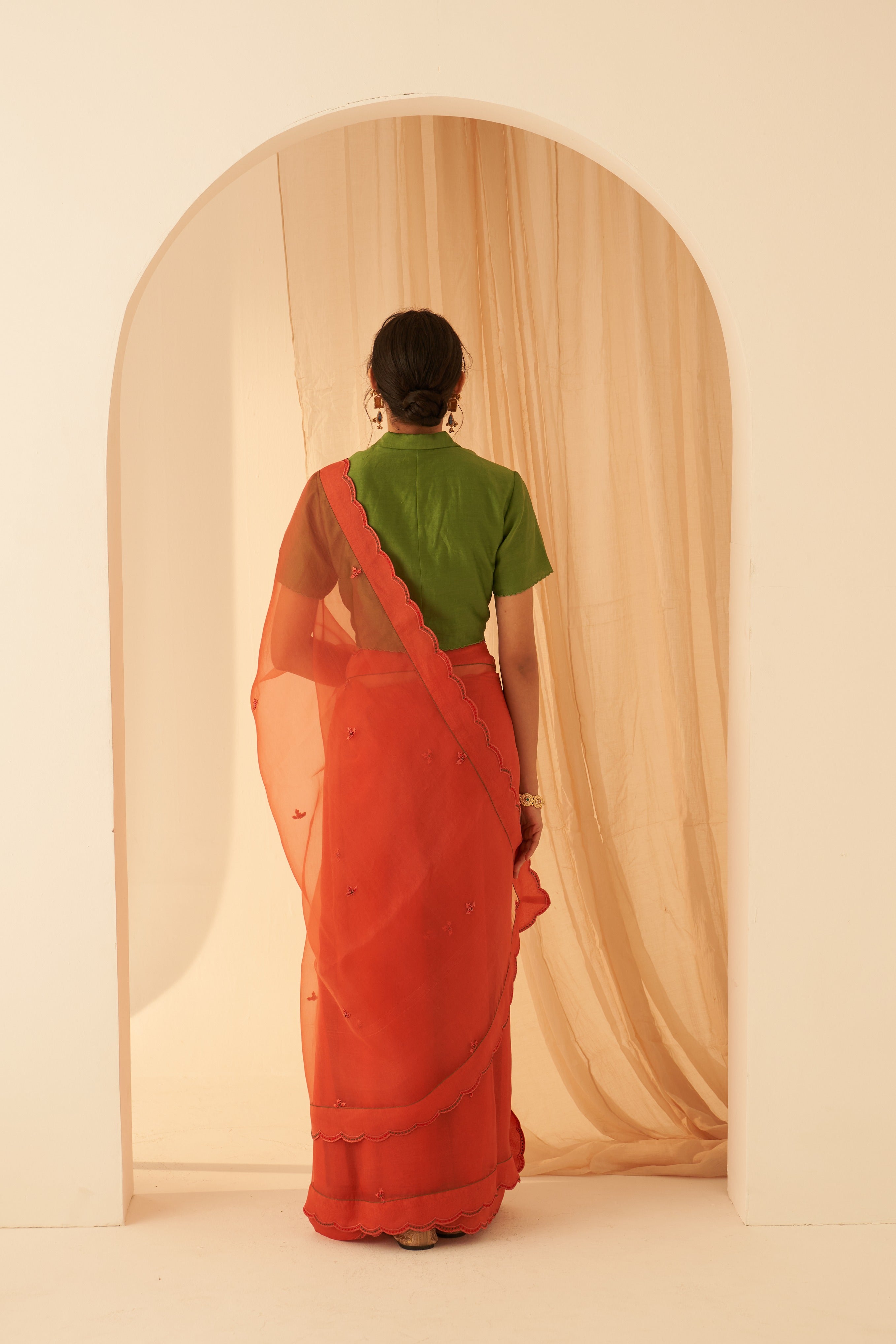 Rust Organza Buti Embroidered Saree