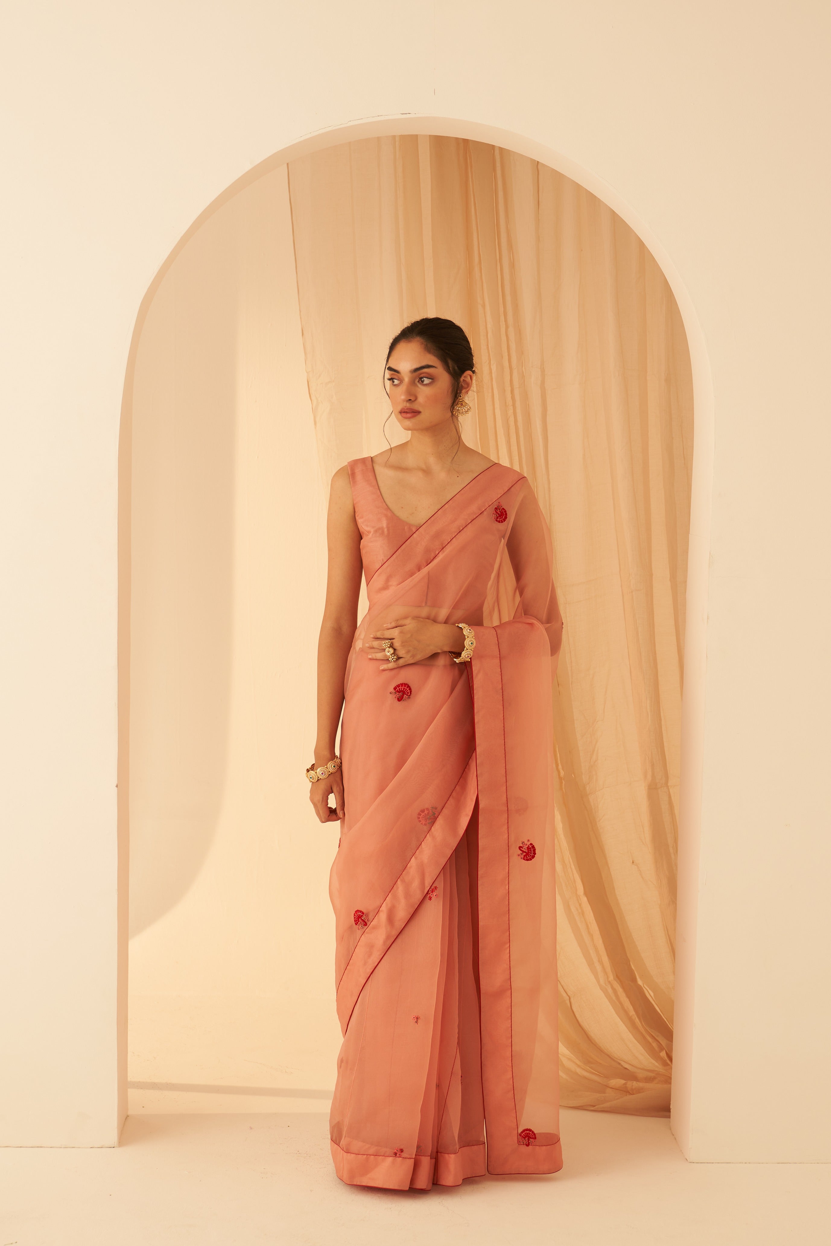 Peach Organza Zardozi Saree