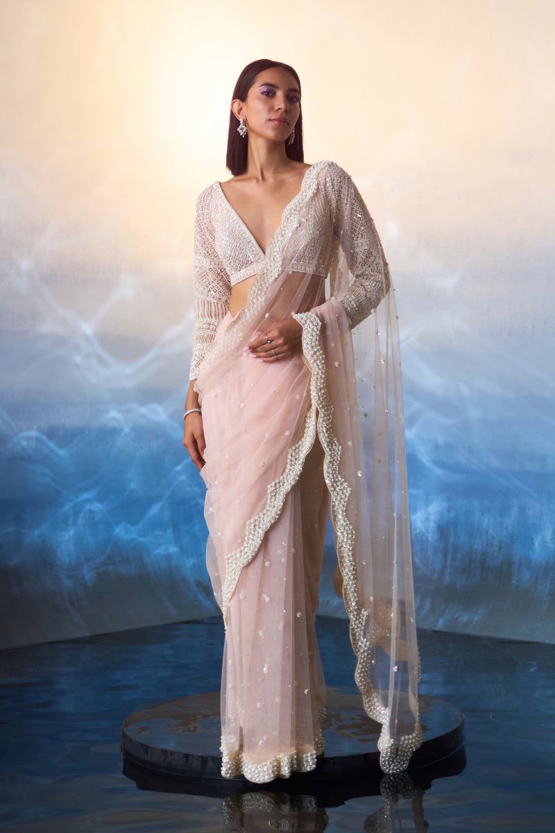 Light Peach Net Saree
