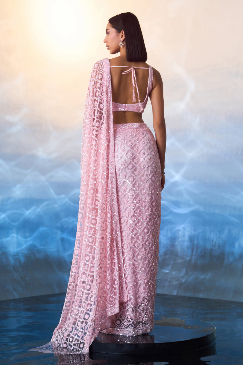 Pink Net Saree Set