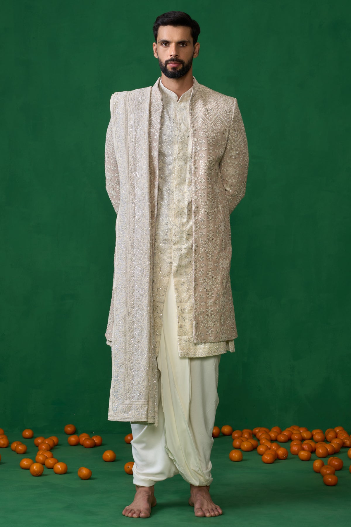 FLORAL BEIGE SHERWANI SET