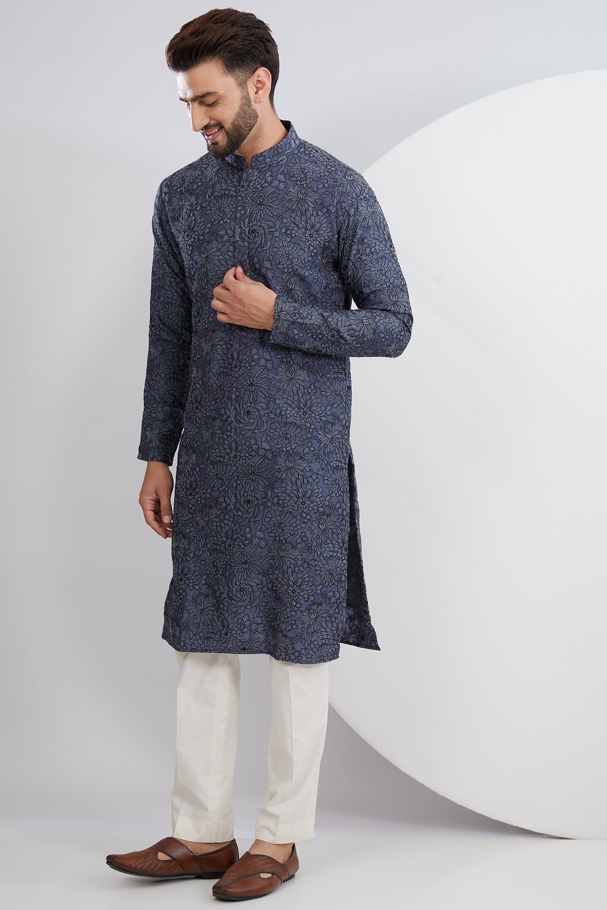 Denim Blue Floral Embroidered Kurta