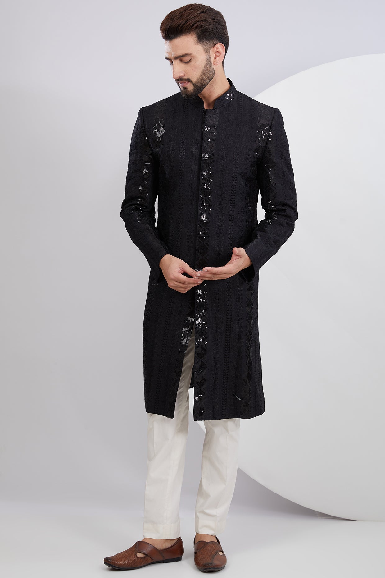 Signature Black Embroidered Sherwani with Intricate Sequins