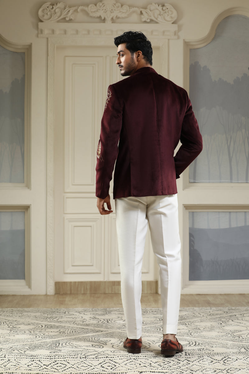 Wine Velvet Ashv Mrig Bandhgala Set