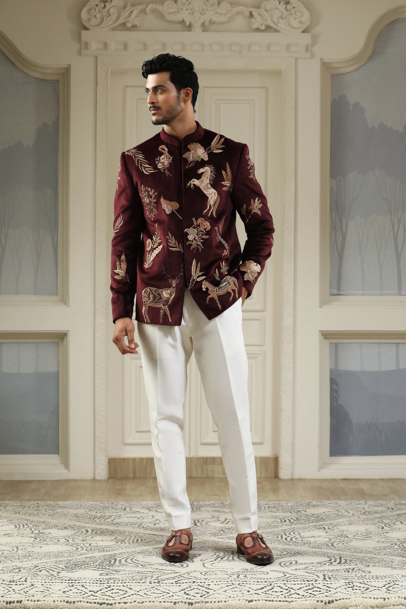 Wine Velvet Ashv Mrig Bandhgala Set