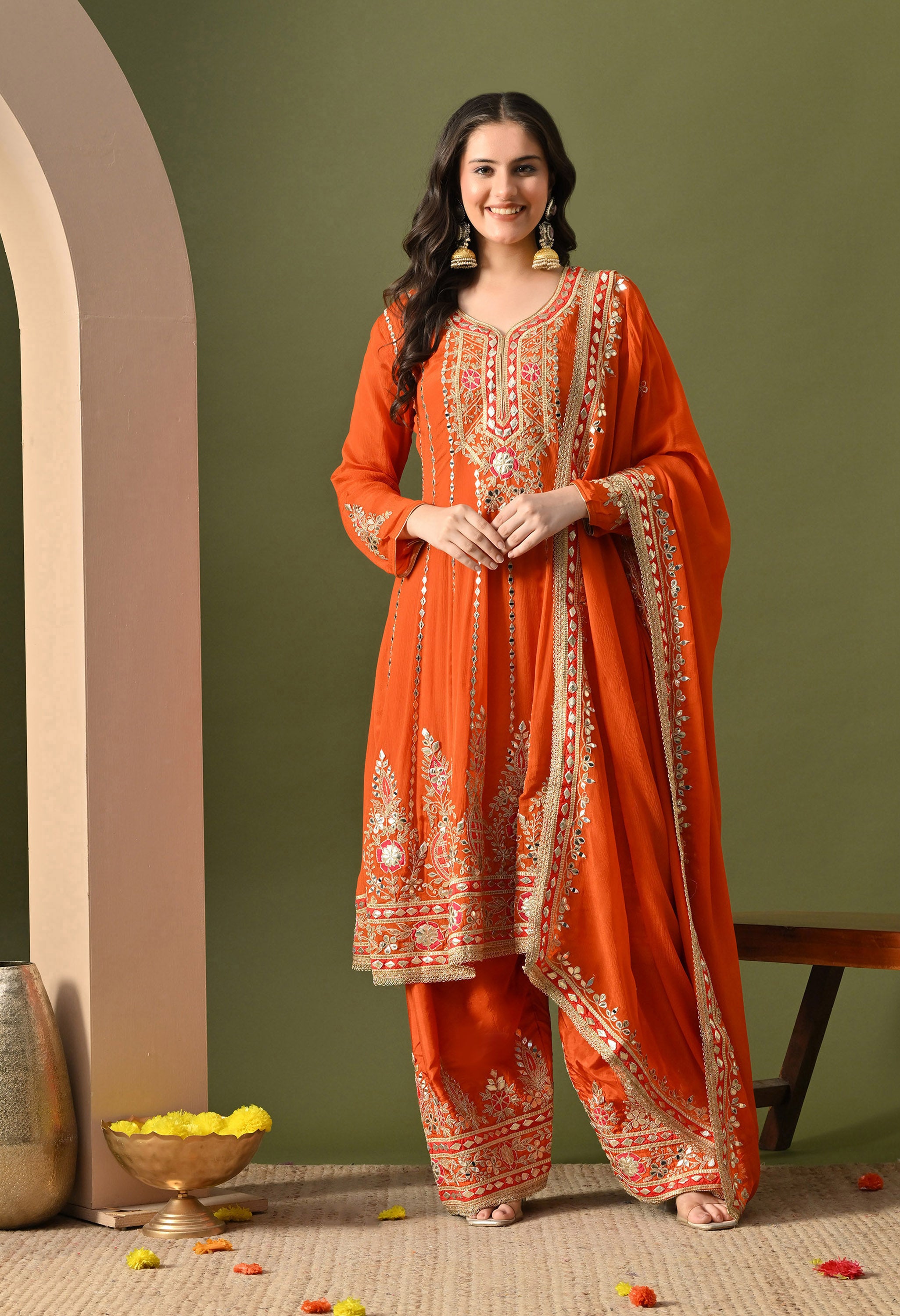 Rust Orange Zardozi Work Kurta Set