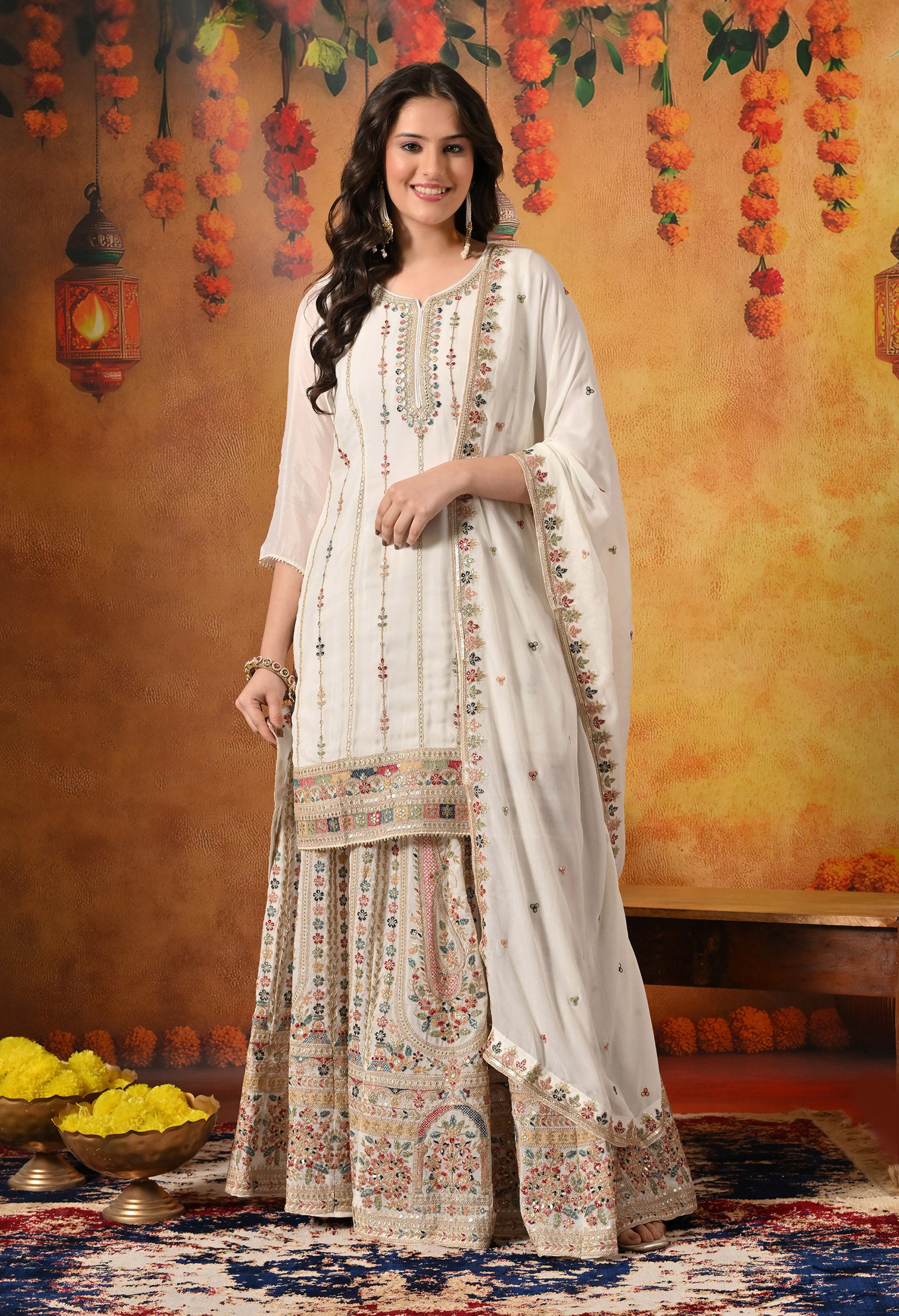 Golden Cream Lehenga Set